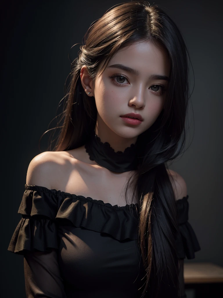 Best quality, masterpiece, ultra high res, (photorealistic:1.4), raw photo, 1girl, offshoulder, in the dark, deep shadow