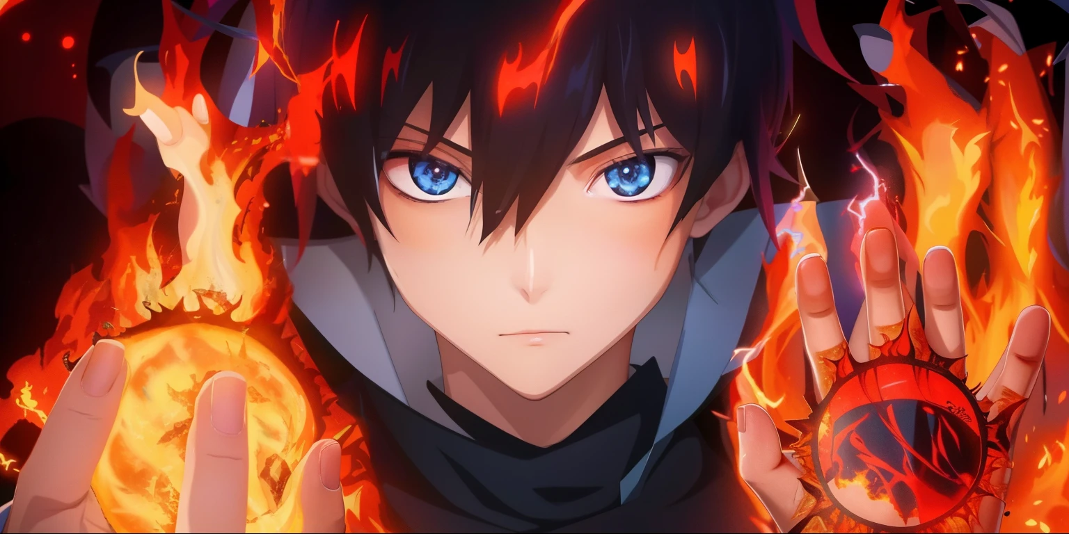 anime boy with a peace sign in his hand and flames around him, fire behind him, fire!! corpo inteiro, digital advanced anime art ", 8k!, feito com anime painter studio, Okata Kazuto., inspirado em Okumura Masanobu, anime moe artstyle, ele tem olhos de fogo, handsome japanese demon boy, Olhos de fogo, fire