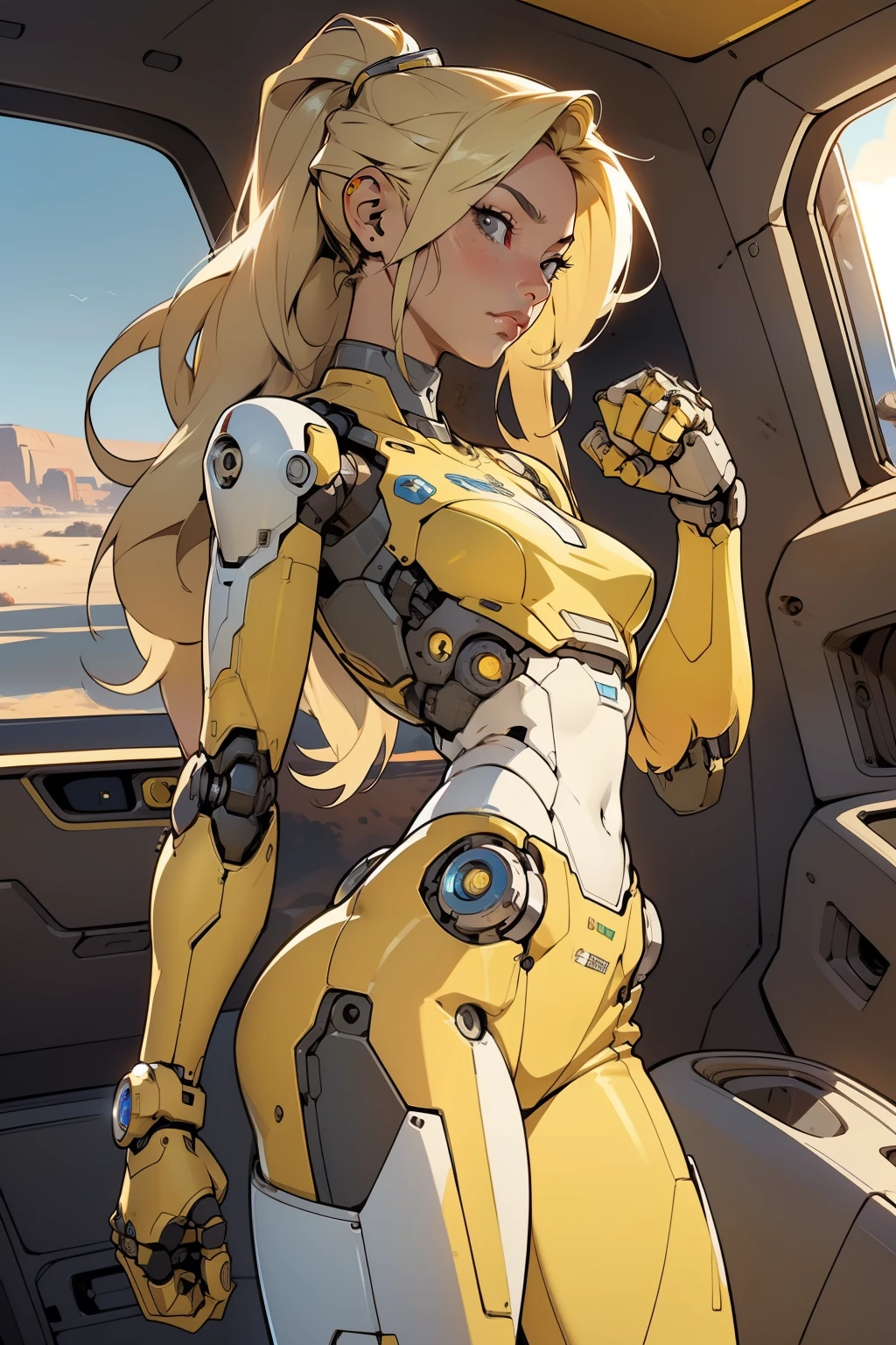 high quality, 4k, masterpiece, beautiful, cyborg girl, cowboy shot, dull eyes, side view, turning around to look at viewer, long blonde hair, girl, small breasts, fit thigh, robotic arms, robotic body, cyborg body, yellow accent, redaccent, intricate detail, joint, detailed lines, robotic detail, holding fist up, holding hand up as fist, color robotic parts, robotic parts with color, perfect fingers, on a desert planet, sunny background, colorful desert,