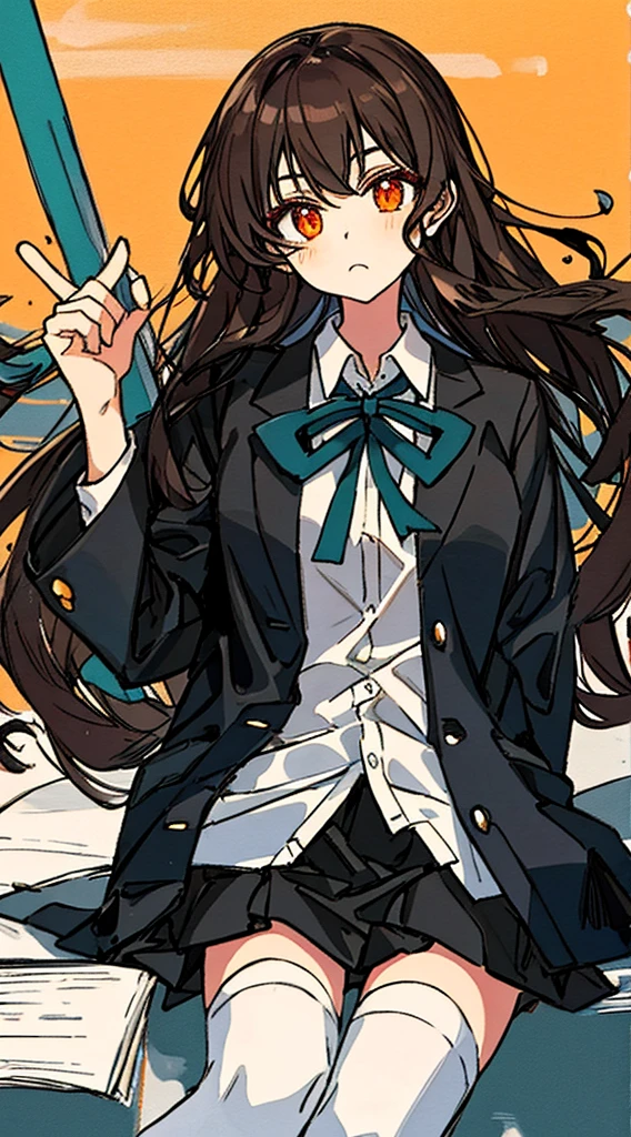 Hori Kyouko, 1 girl, black skirt, black tights, brown hair, cardigan, mouth closed, collared shirt, dress shirt, hair between eyes, hand up, Katagiri High School uniform, long hair, long sleeves, looking at viewer , orange eyes, school uniform, shirt, sitting, skirt, alone, speech bubble, split mouth, thighs, white shirt, a young girl in a black skirt and black thigh-high stockings, shows her unique style with her brown hair and cardigan . His closed mouth adds a touch of mystery to his expression. He wears a collared dress shirt as part of his Katagiri High School uniform, with a strand of hair falling between his eyes. Confidently raising her hand, she sits alone, with long sleeves and a skirt on her uniform. Her captivating orange eyes look directly at the viewer, capturing their attention. To complete his outfit, he wears a white shirt under his uniform, a closed cardigan that denotes the ribbon on his shirt. With her split mouth and charming presence, Hori Kyouko stands out in the school environment, leaving a lasting impression, flag chest, erotic cute