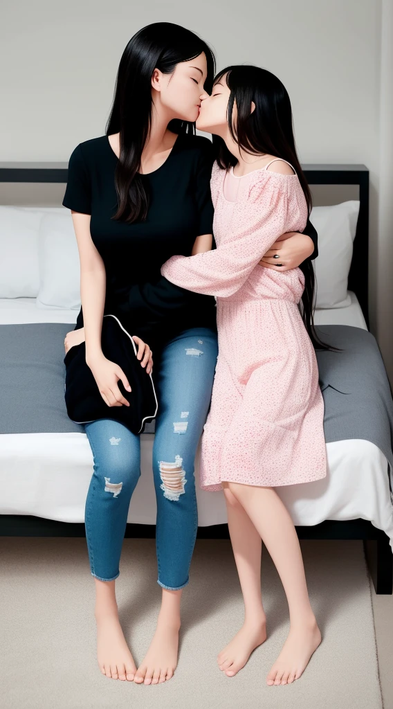 full body standing straight barefoot, long hair, holding hands on bed, kissing each other, sleeping together MOTHER AND DAUGHTERS