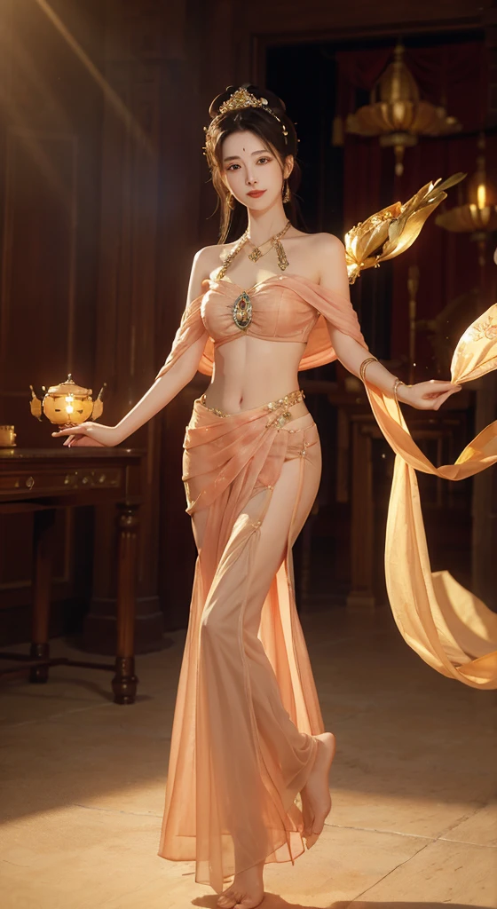 Top Quality, Masterpiece, Ultra High Resolution, 1girl, beautiful_face, Detailed Skin, Full Body, Jewelry, Solo, Earrings, (Tue: 1.3), Blurry, Realistic, Lips, Dunhuang Style, (Zentangle: 1.2), (Flower: 1.4), Big Breasts, Navel Reveal, Big, Armpits, Camel Toes, Barefoot, Barefoot, Barefoot, Top Quality, masterpiece, highly detailed detail, high resolution, 8k, complex detail, realistic, photorealistic, dramatic lighting, 1girl, dunhuang_clothes, dunhuang_dress, partially hidden by clothing, (see-through: 1.3), through a thin veil, glimpse of the chest, creating an attractive and suggestive effect, Get a glimpse of the contours of her skin and chest