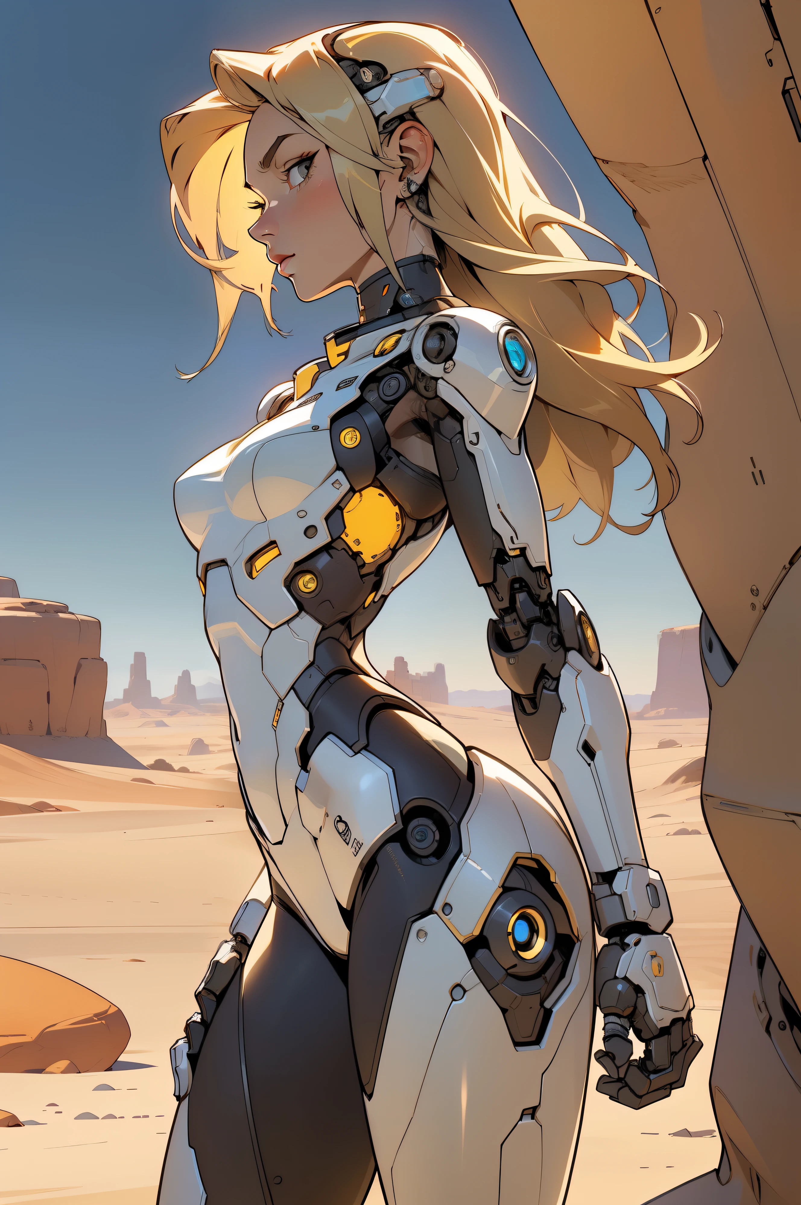 high quality, 4k, masterpiece, beautiful, cyborg girl, cowboy shot, dull eyes, side view, turning around to look at viewer, long blonde hair, girl, small breasts, fit thigh, robotic arms, robotic body, cyborg body, yellow accent, redaccent, intricate detail, joint, detailed lines, robotic detail, holding fist up, holding hand up as fist, color robotic parts, robotic parts with color, perfect fingers, on a desert planet, sunny background, colorful desert,