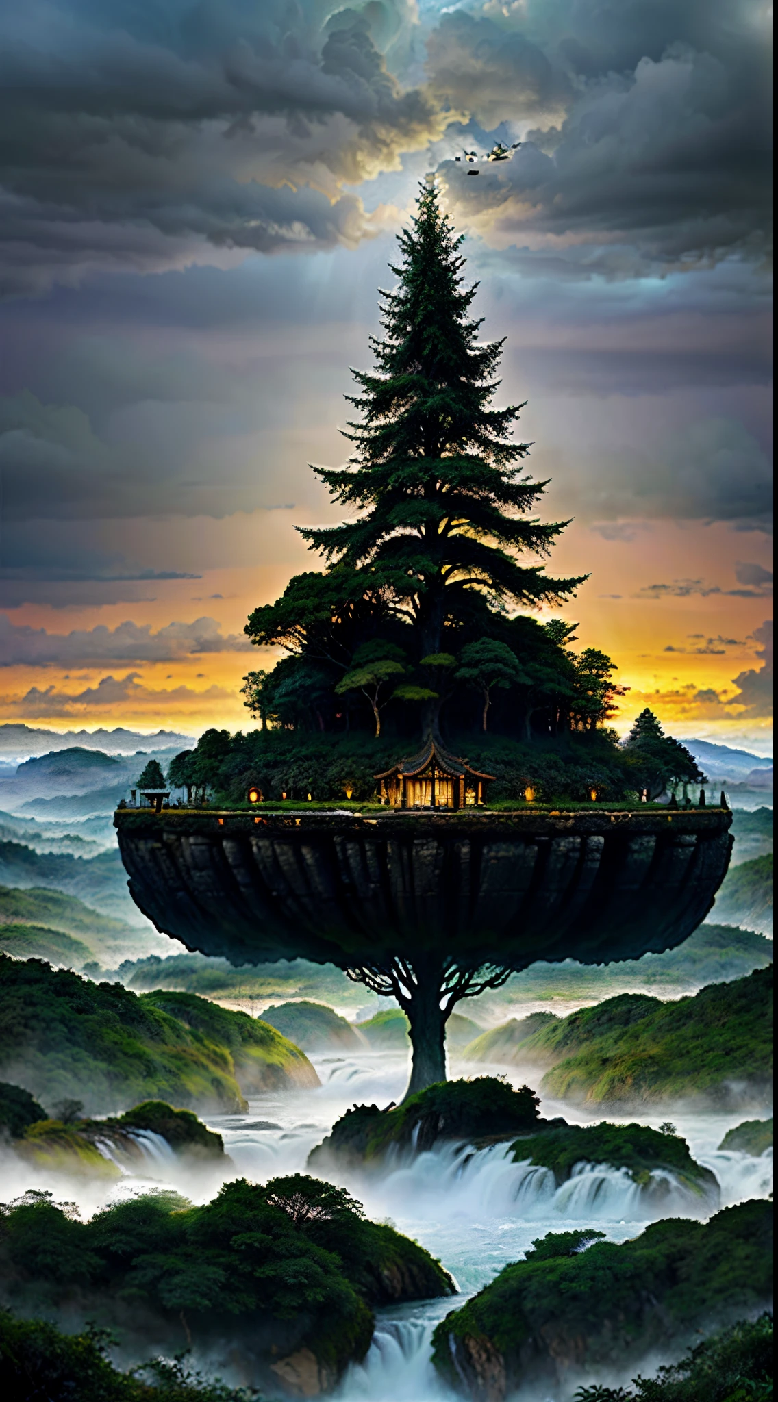 A mystical and epic landscape, Pintura renascentista, Featuring a fantastical and surreal world of floating islands, giant trees, Cachoeira Infinita, that transport the viewer to a world of imagination and wonder, art-station, Arte Digital, intrincado, trend, Cores brilhantes, como Reembrandt a pintou