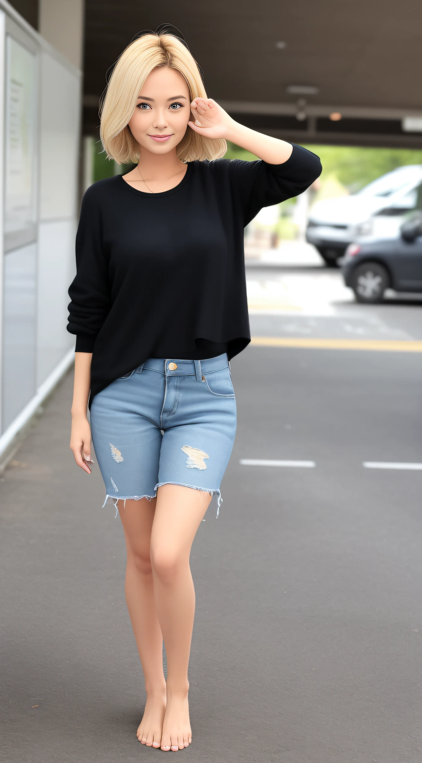 FEMALE blonde hair posing looking to the camera, standing straight, barefoot