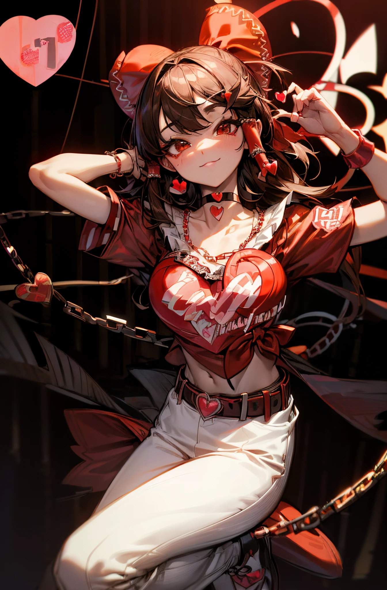 Reimu Hakurei at a rave, looking at the viewer with an seductive smile while dancing, confident, nightclub, neon lights,Brown hair, brown eyes, ((bangs, red ribbon:1.3)), e-girl outfit:1.7, (((Eyeliner, Heart-Shaped Stamp, Choker, Belt Chain:1.3))), teenager,