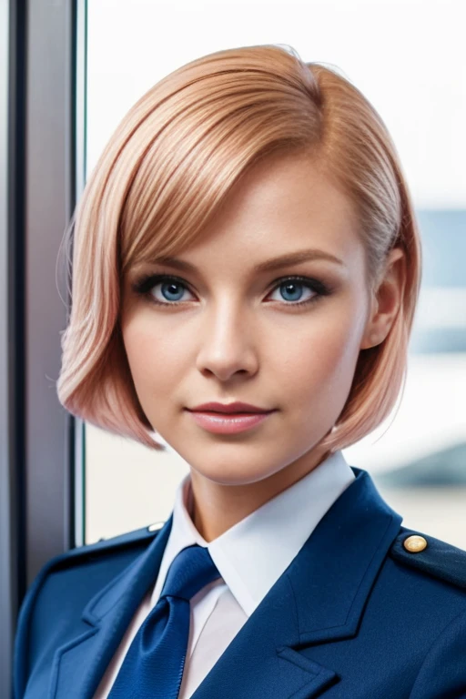 Petite 30 year old flight attendant with light strawberryblonde hair in a short undercut bob and striking blue eyes wearing eye liner, pink lips, in a uniform, detailed face