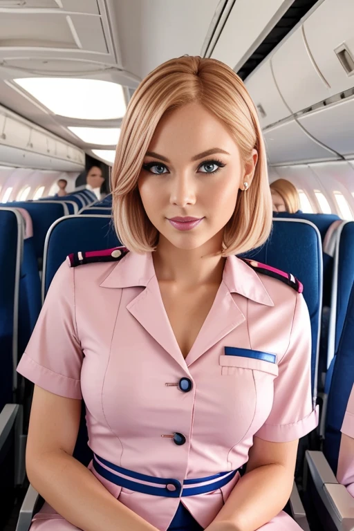 Petite 30 year old flight attendant with light strawberryblonde hair in a short undercut bob and striking blue eyes wearing eye liner, pink lips, in a uniform, detailed face