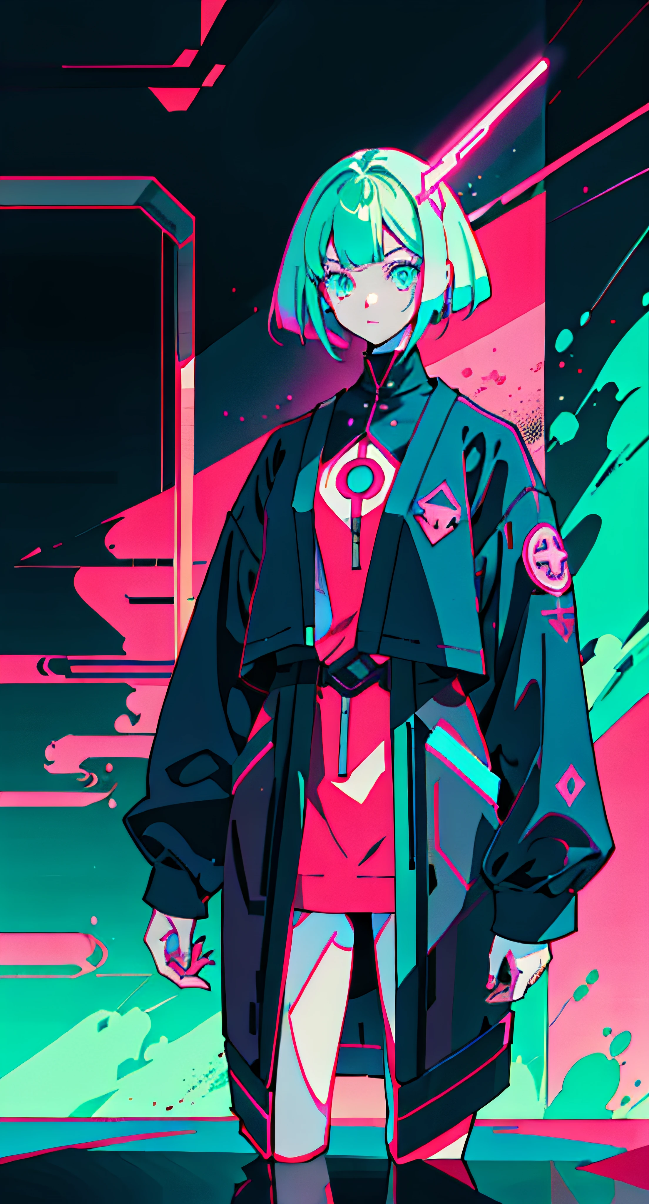 house anime, estilo futurista, neon, e cores rosa, Cicatrizes, Adesivos, estilo neon de tiro inteiro, Pose legal..pinky..cores de fundo