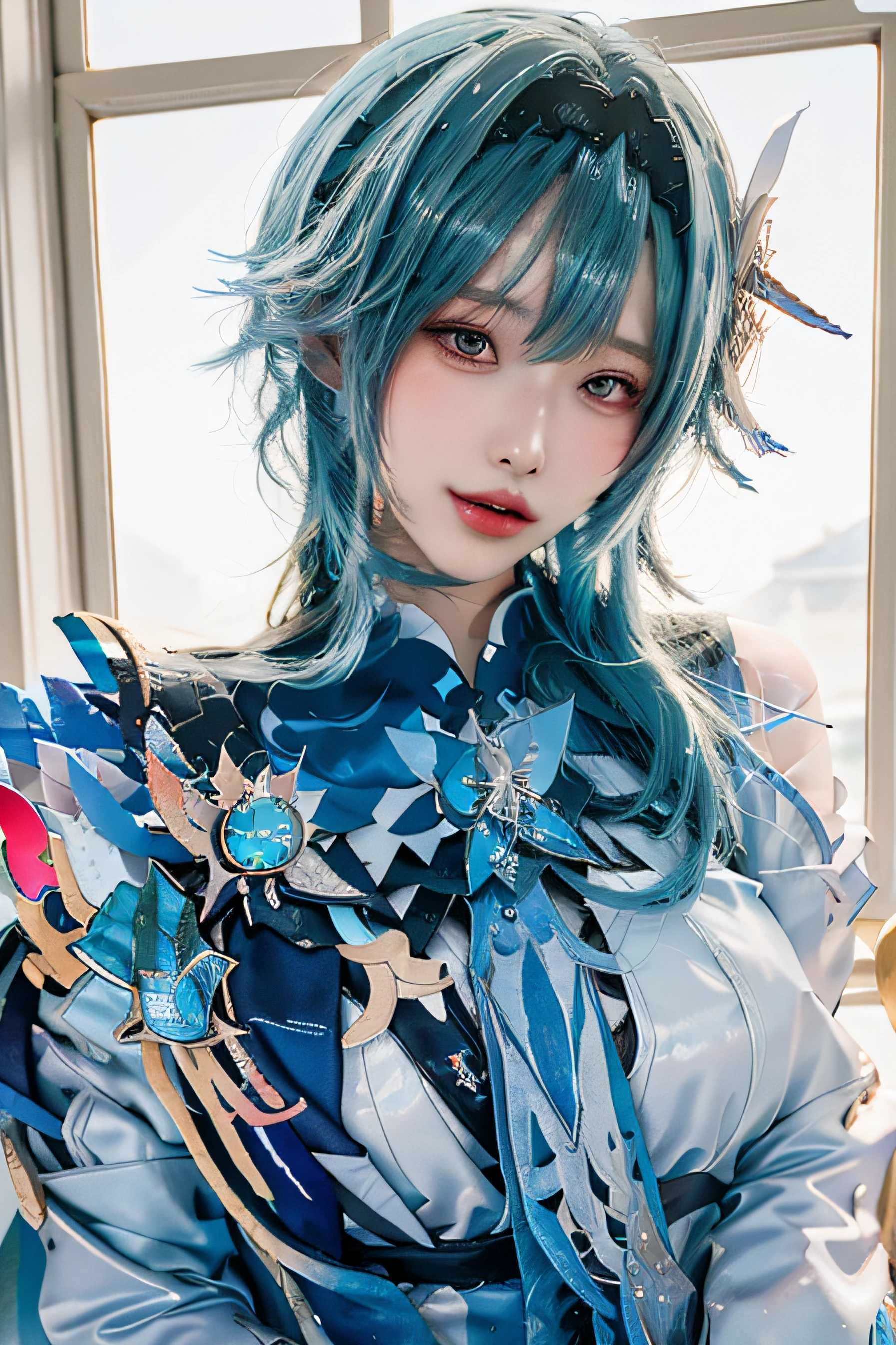 Beauty of a goddess, slim face, beautiful woman, 1girl, solo, (masterpiece:1.2), best quality, eula, genshin, high detailed, 8K resolution, looking at viewers, eula from genshin impact, indoor, hairband, blue hair, necktie, cape, ((( vision \(genshin impact\) ))), long sleeves, gloves, sidelocks, (smiling), slender figure, ((wide beautiful eyes)), (((a close up portrait, head to bust))), (dynamic angle)