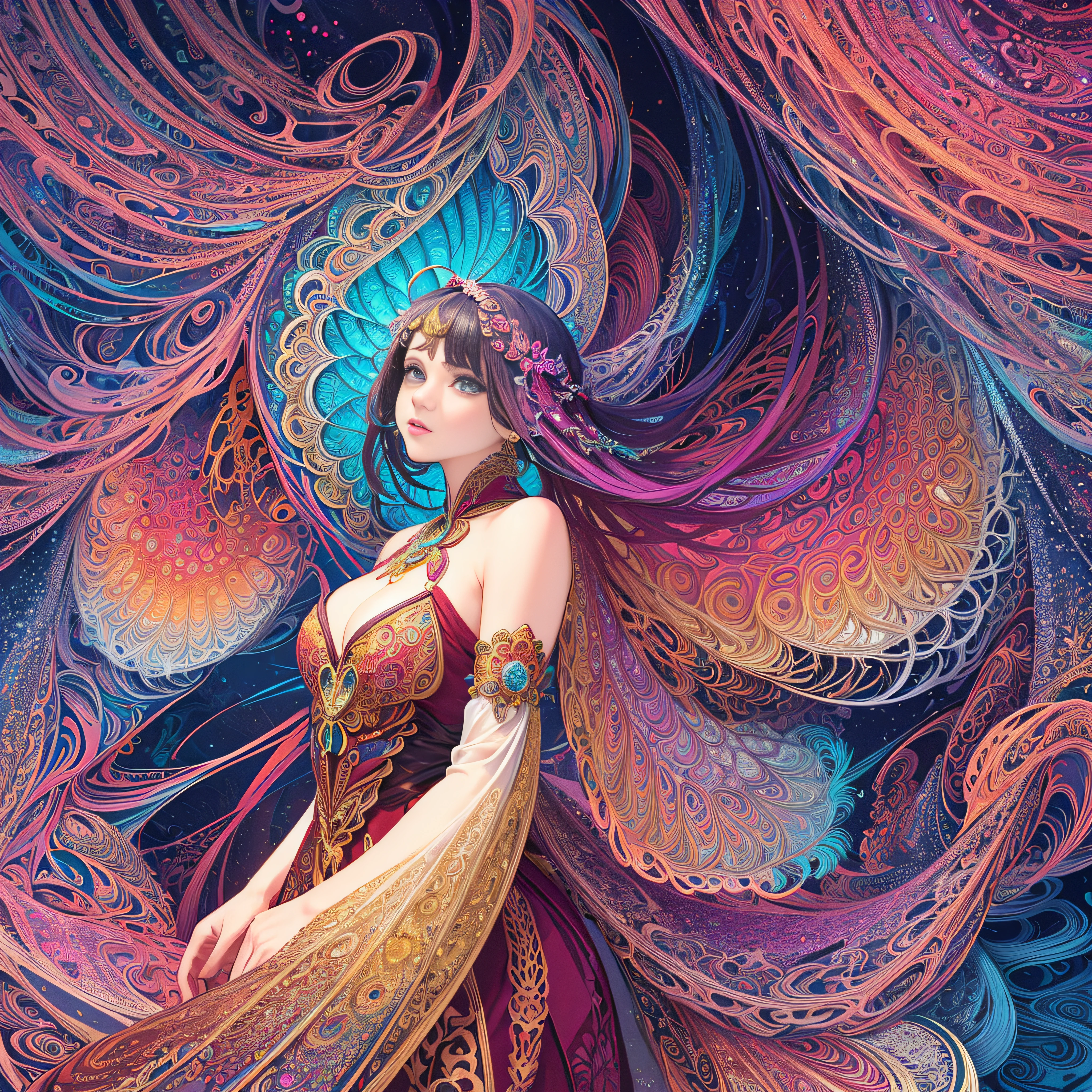 (masterpiece, top quality, best quality, official art, beautiful and aesthetic:1.2), (1girl:1.3), extremely detailed,(fractal art:1.2),colorful,highest detailed,(zentangle:1.2), (dynamic pose), (abstract background:1.5), (treditional dress:1.2), (shiny skin), (many colors:1.4), upper body