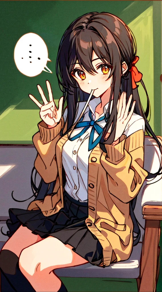 Hori Kyouko, 1 girl, black skirt, black tights, brown hair, cardigan, mouth closed, collared shirt, dress shirt, hair between eyes, hand up, Katagiri High School uniform, long hair, long sleeves, looking at viewer , orange eyes, school uniform, shirt, sitting, skirt, alone, speech bubble, split mouth, thighs, white shirt, a young girl in a black skirt and black thigh-high stockings, shows her unique style with her brown hair and cardigan . His closed mouth adds a touch of mystery to his expression. He wears a collared dress shirt as part of his Katagiri High School uniform, with a strand of hair falling between his eyes. Confidently raising her hand, she sits alone, with long sleeves and a skirt on her uniform. Her captivating orange eyes look directly at the viewer, capturing their attention. To complete his outfit, he wears a white shirt under his uniform, a closed cardigan that denotes the ribbon on his shirt. With her split mouth and charming presence, Hori Kyouko stands out in the school environment, leaving a lasting impression, flag chest, erotic cute