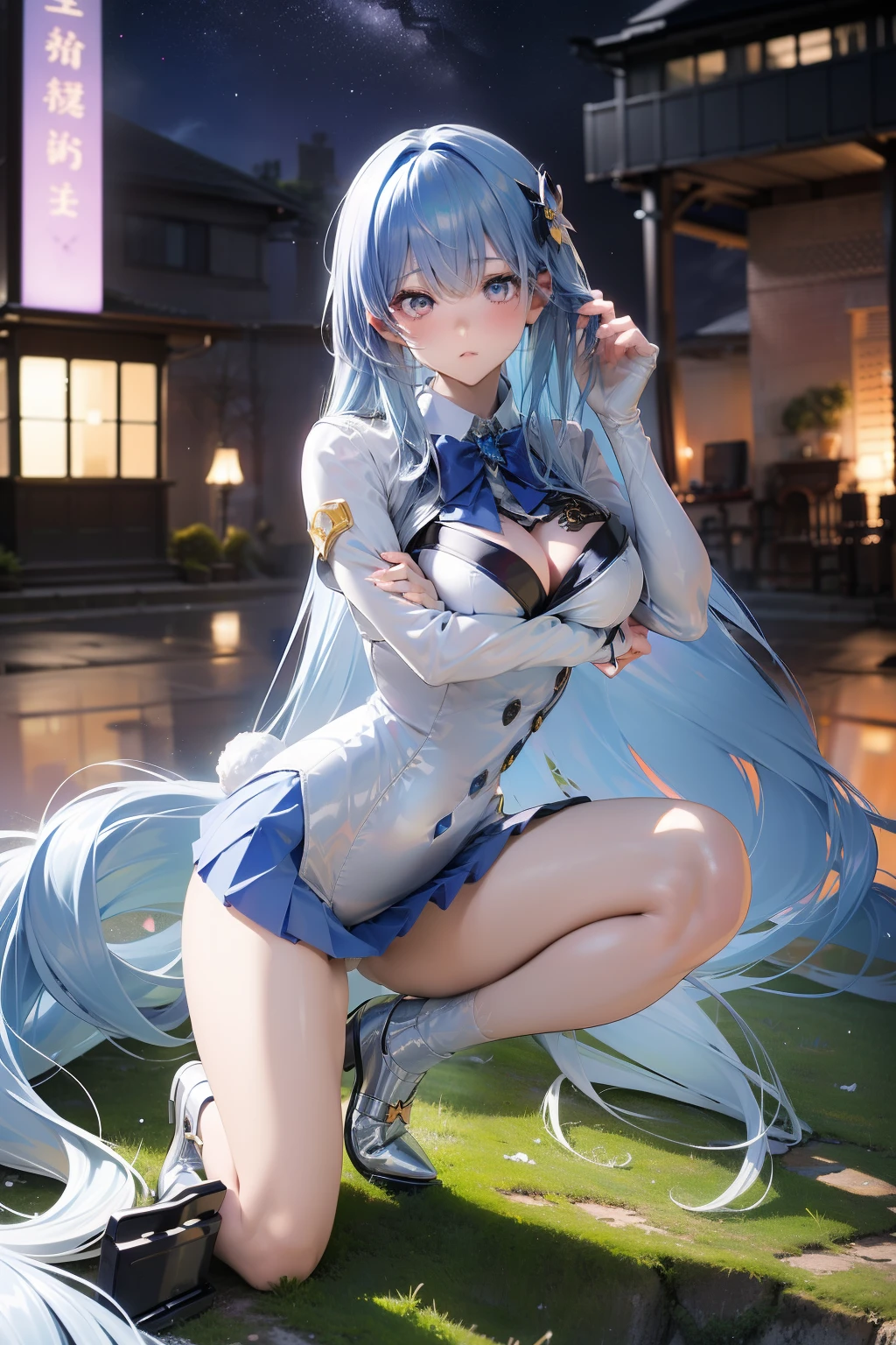 ((masutepiece)), Transparent super tight miniskirt suit, ultra-detailliert, Clothes under clothes, innocent **** Look, White panties are visible from the short skirt、Shy pose, ultradetailed eyes, Ultra-detailed clothing, Looking at the viewer, Delicate e **** Body, Rabbit and stars in the background, hyper detailed background, Unique art, fantasylandscape