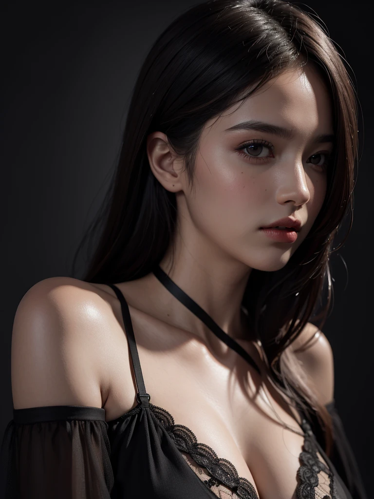 Best quality, masterpiece, ultra high res, (photorealistic:1.4), raw photo, 1girl, offshoulder, in the dark, deep shadow