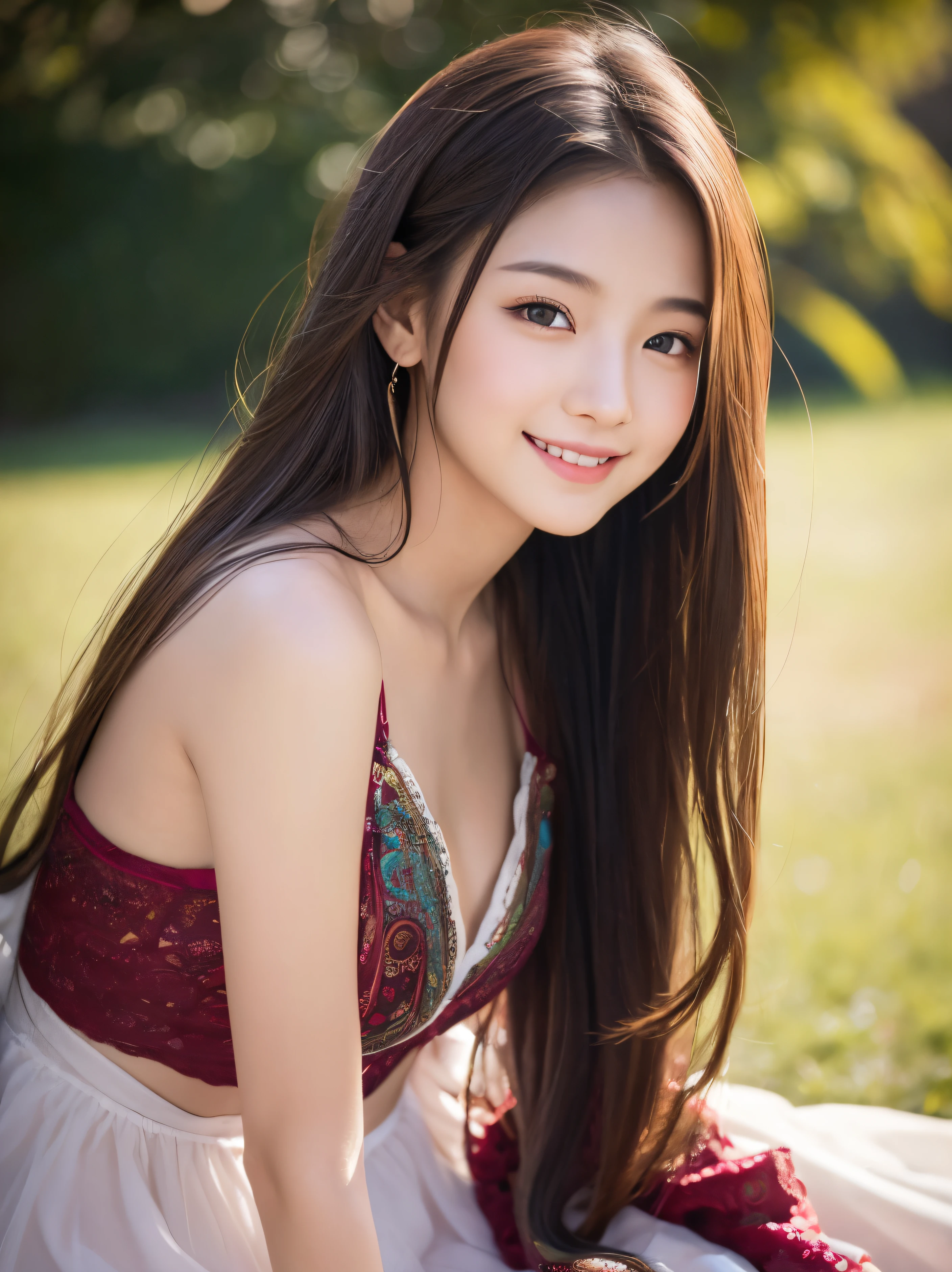 Young beautiful girl, long slice hair, elegant, too beautiful, pose from various angles, highly detailed deep colours highly realistic, ruddy skin, beautiful, full lips, a minuscule amount of clothing, smiling, feeling of lightness and joy, full body,hyperrealism, skin very elaborated, direct gaze, created by Chalit.
