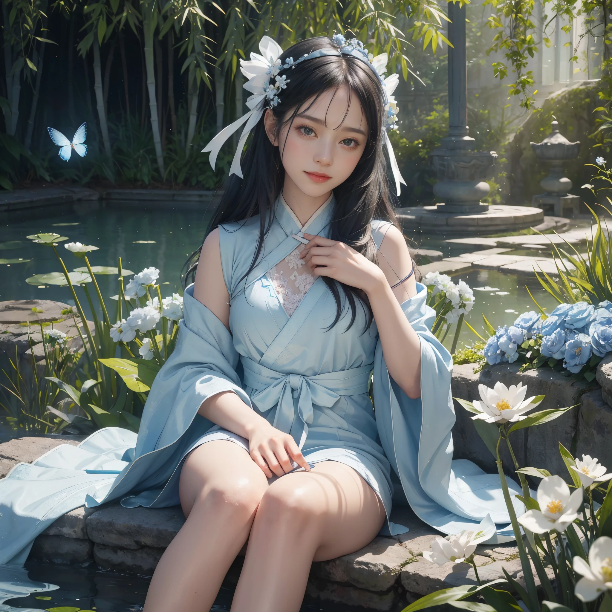 (Positive Focus), (In the Dark: 1 Girl), Surrealistic Female Portraits by David Hockney and Alphonse Mucha, Fantasy Art, Photo Realism, Dynamic Lighting, Art Station, Poster, Volumetric Lighting, Very Detailed Faces, 4K Wallpaper, Award-Winning , ,1 Girl, Blue Hanfu, Tulle Coat, Smiling Emoji, Long Black Hair, Light Blue Fringed Hair Ornament, White Ribbon, White Flower Bush, Light Blue Small Flowers, Light Blue Butterfly Flying, Sitting by the Pond, Reaching for Flowers, Red Carp, Hazy Mist, Chinese ancient building courtyard background, background bamboo, small bamboo, dramatic composition, movie light effects,