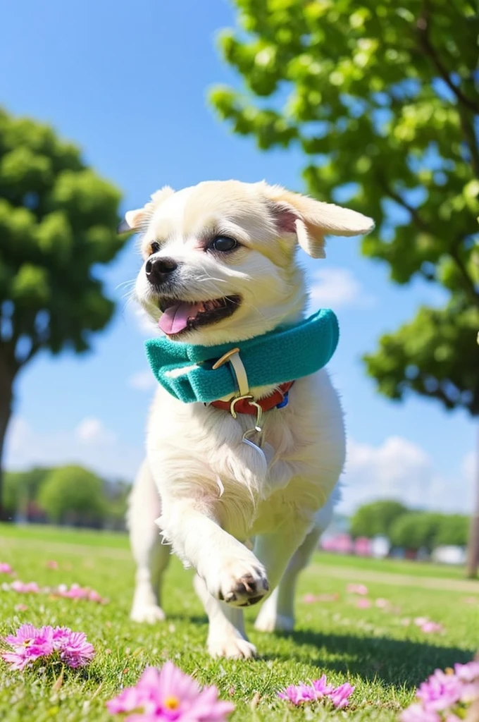 A small and cute dog with fluffy fur、Play in a park where flowers bloom。dog is fluffy、have big eyes、ears are slightly droopy。Colorful flowers on background々and green grass、Blue sky spreads out。The dog is wearing a ribbon collar。having fun playing。