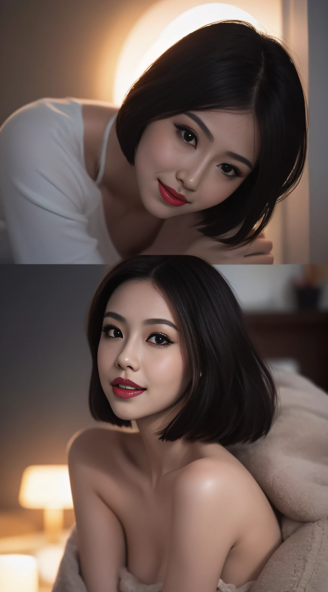 1个Giant Breast Girl,fake smile,short detailed hair,((facial closeups)),in the darkness nigth,deepshadow