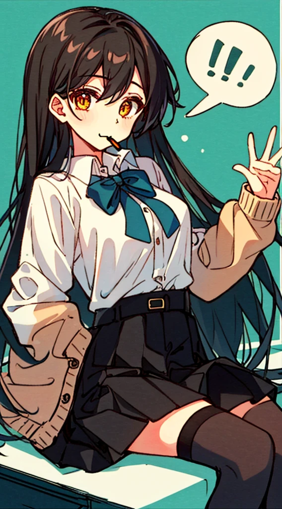 Hori Kyouko, 1 girl, black skirt, black tights, brown hair, cardigan, mouth closed, collared shirt, dress shirt, hair between eyes, hand up, Katagiri High School uniform, long hair, long sleeves, looking at viewer , orange eyes, school uniform, shirt, sitting, skirt, alone, speech bubble, split mouth, thighs, white shirt, a young girl in a black skirt and black thigh-high stockings, shows her unique style with her brown hair and cardigan . His closed mouth adds a touch of mystery to his expression. He wears a collared dress shirt as part of his Katagiri High School uniform, with a strand of hair falling between his eyes. Confidently raising her hand, she sits alone, with long sleeves and a skirt on her uniform. Her captivating orange eyes look directly at the viewer, capturing their attention. To complete his outfit, he wears a white shirt under his uniform, a closed cardigan that denotes the ribbon on his shirt. With her split mouth and charming presence, Hori Kyouko stands out in the school environment, leaving a lasting impression, flag chest, erotic cute