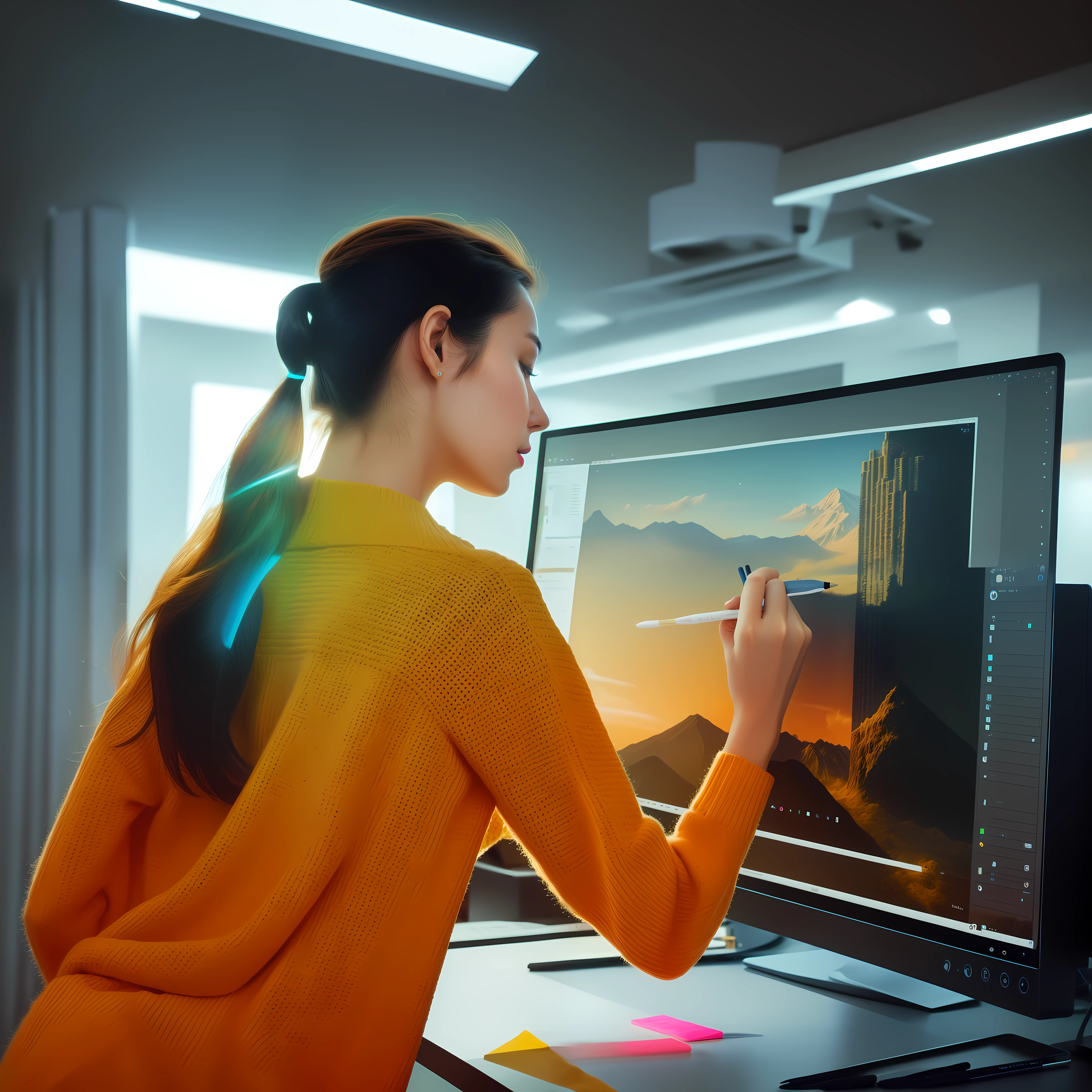 Woman drawing on computer screen with pencil, looking at monitor, Digital Art Station, Digital 4K painting, drawing 4k, digital artist, Realistic digital art 4k, Realistic digital art 4k, 4k digital painting, 4k digital painting, 4K drawing, High-quality digital art, High-quality digital art, 4K painting