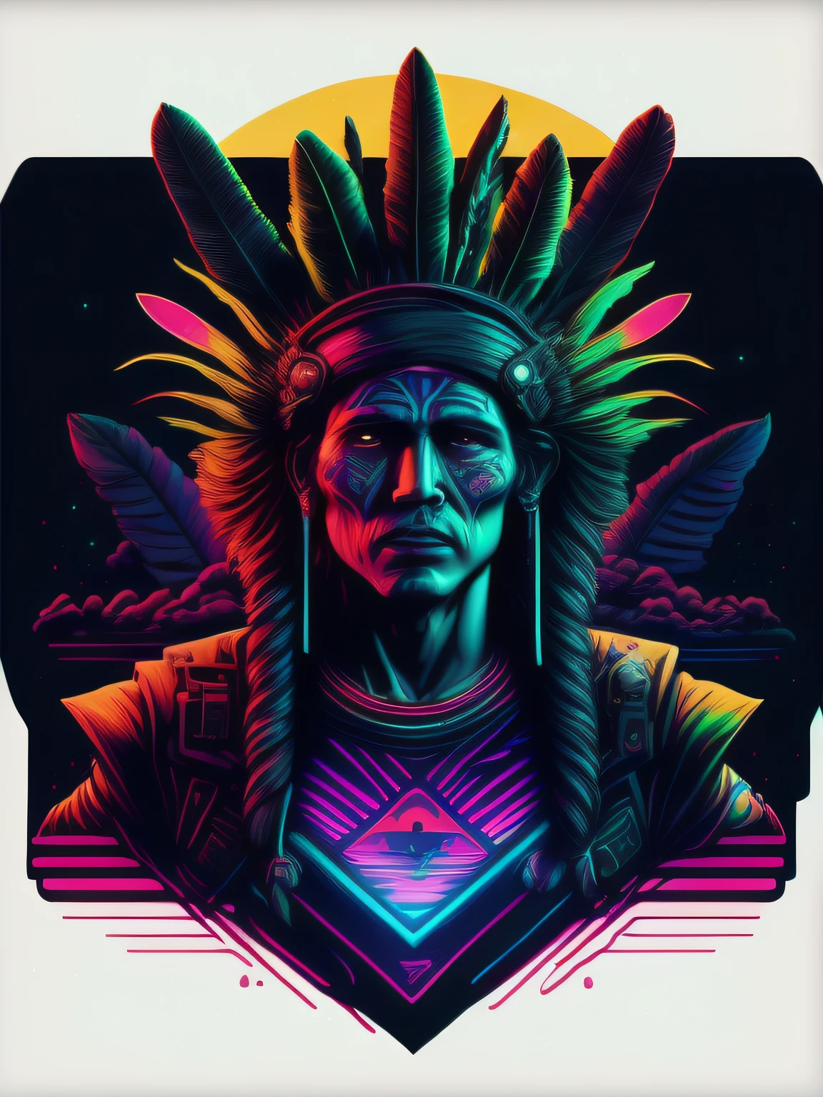 Native South American Indians, Matas e Lua, vetorizado, synthwave, Verde azul Verde-claro marrom, cores neon estendidos em um fundo escuro,
