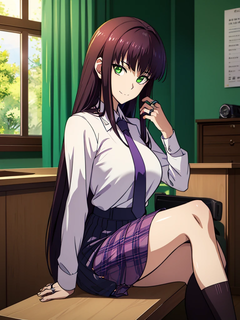 Makima (chain saw man),Sukasaha (Fate/grand order),Shimohira Reihua ,Hi-Res,Very delicate and beautiful CG illustration,top-quality,Realistic skin feeling,Realistic fabric,Realistic texture,beautiful thigh,big breasts thin waist,(((masutepiece))), (((Best Quality))),8K,32K,masterpiece,beautiful alluring anime woman,ultra-definition,ultra-detailliert,hight resolution,a hyperrealistic schoolgirl,masuter piece, Best Quality, High quality, High Definition, high quality texture, high quality shadow, high detailing,finely detail,1girl in,Solo,Soio,Only one person,Alone,One Person,tall,AS-Adult,Mature atmosphere,Leg length,neat and long legs,8 Head Body,stature:171cm,Mature girls,Reddish-purple hair,Reddish-purple hair,Purple hair,silky and smooth hair,Colorful hair,Straight hair,Smile,Smiling happily,lively expression,Cute smile,Cool Beauty,Beautuful Women,Neat face, Beautiful realism,Seductive look,Bewitching look,beautiful hairl,She wears a necklace around her neck,Necklace,Beaded necklace,magatama accessories,A slight smil,Colorful eyes,green colored eyes,Jade-colored eyes,beautidful eyes,Bright eye,Delicat eyes,Eyes Like Gems,Jade Eyes,Hanging eyes,(Green eyes:1.5),Seductive face,watching at viewers,mystic atmosphere,school buildings,校服,Classroom,A slight smil,school shirt,White button shirt,white shirt,neck tie,plaid skirts,a miniskirt,Black socks,knee sox,lowfers,satchel,extremely details CG,Classroom,Sitting on a chair,a chair,Intricate details,Beautiful eyes,((Ring-shaped eyes)),beautiful lighting,Cheek cane,Classroom Desk,Sit and cross your legs,Pupils,High school students,Sunlight pouring through the window,during daytime,desks and chairs used by students,natural soft light,looking at viewert,Classroom background,Japan Schools,
