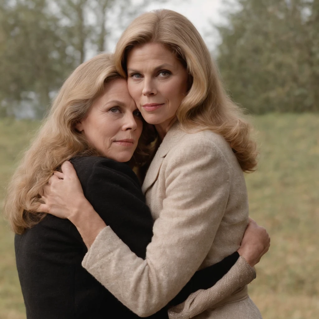 Elizabeth Montgomery as Samantha Stephen hugging Elizabeth Montgomery Serina, full body