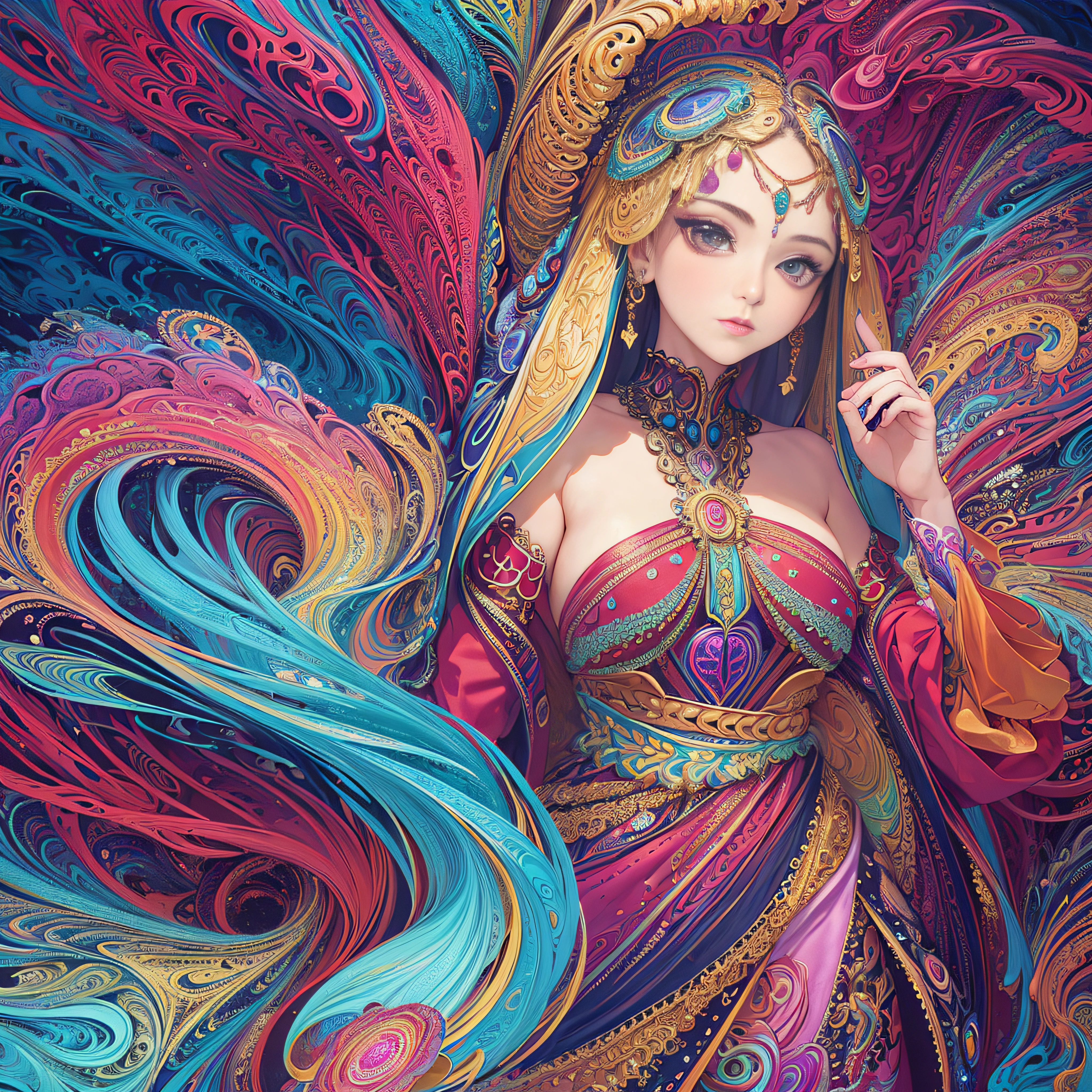 (masterpiece, top quality, best quality, official art, beautiful and aesthetic:1.2), (1girl:1.3), extremely detailed,(fractal art:1.2),colorful,highest detailed,(zentangle:1.2), (dynamic pose), (abstract background:1.5), (treditional dress:1.2), (shiny skin), (many colors:1.4), upper body