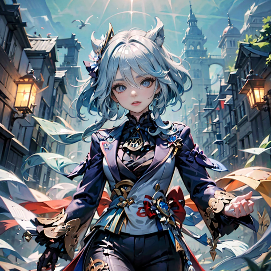Personaje furina de genshin impact, traje detallado cuerpo completo y que se vea los pies.