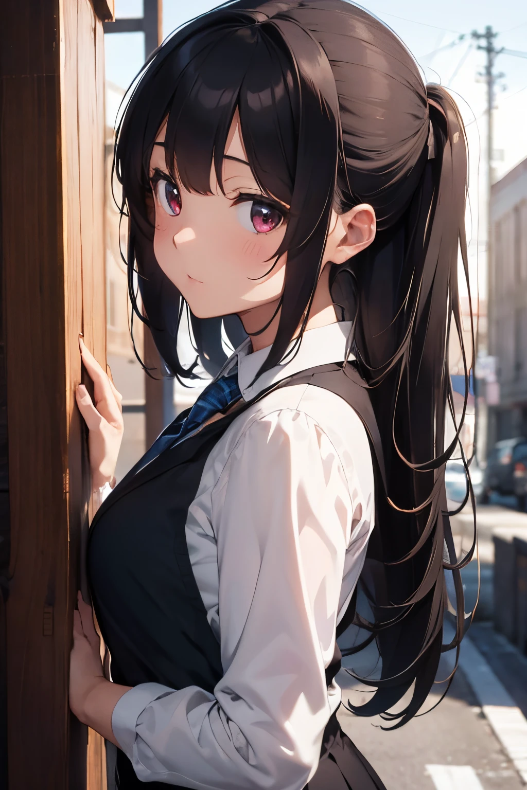 Background with: midnight express station, (top-quality, Best quality at best), (1 Mature male, kisses),left hand wall, opposite sex, 1 woman, hugs, middlebreast,From the side Side, cow boy shot, BREAK BREAK BREAK, Girl vs, dressed in a suit , (Black suit:1.1), blouse with a white collar, a blue tie, tartan plaid skirt, Brown medium hair, maroon hair，Colored inside,Color:1.25),With his eyes closed, (dream-like,adorable expression:1.3).