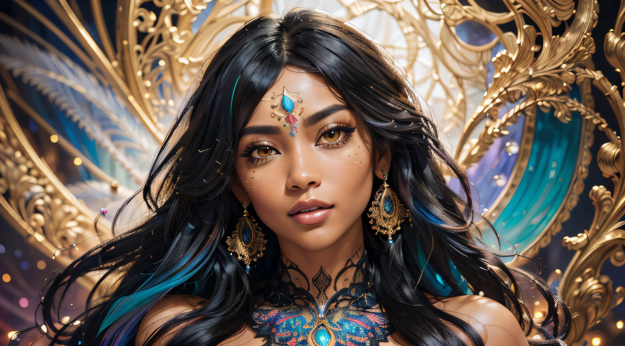 (masterpiece, top quality, best quality, official art, beautiful and aesthetic:1.2), (1girl:1.3), extreme detailed,(fractal art:1.3),colorful,highest detailed, (very dark skin), (golden lips, black eyes), (light painting :1.3), (auto-destructive art :1.3)