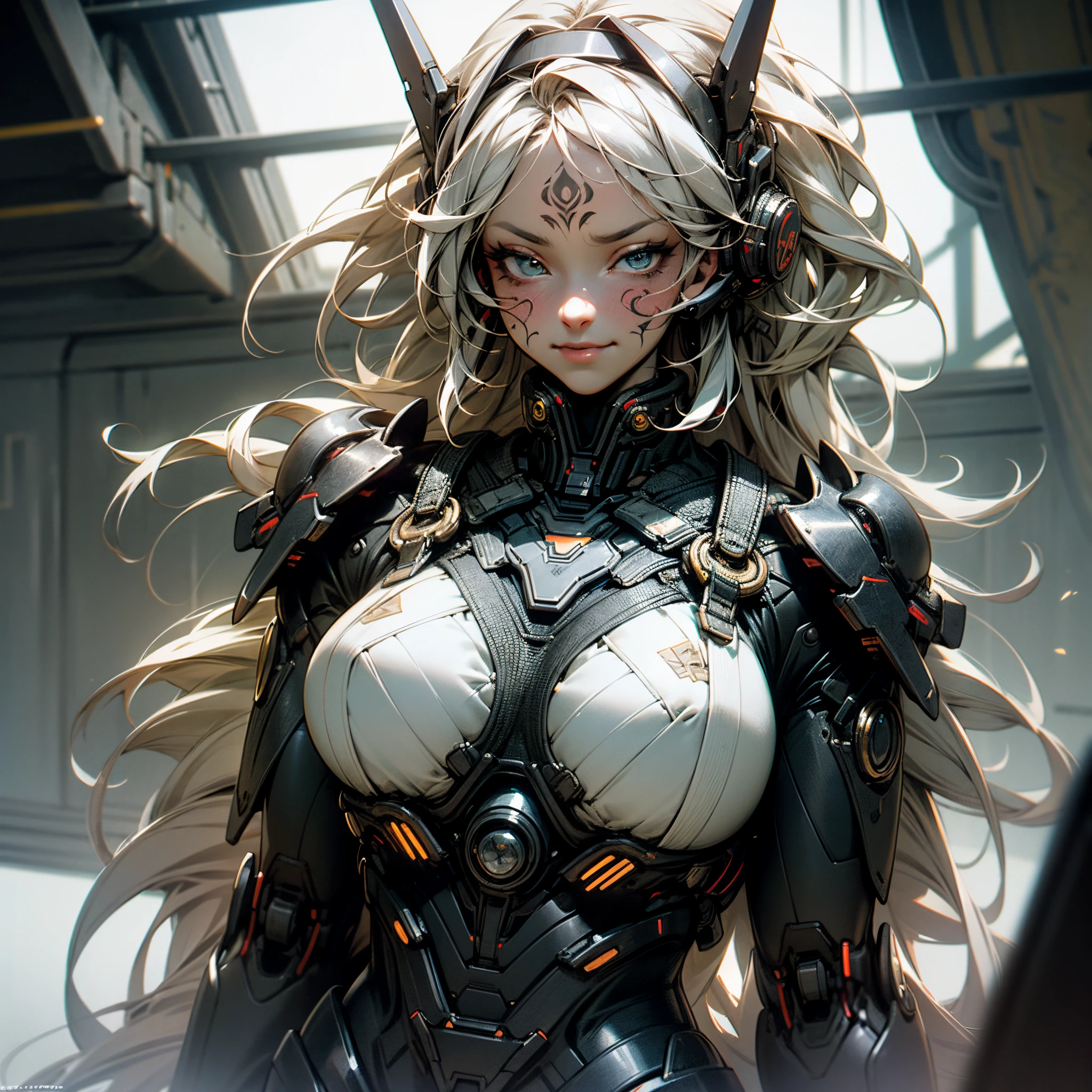 Detailed Portrait Cyberpunk (sks woman) (SKS woman at 40 years old), Futuristic neon reflective wear, 科幻小说, Robot Parts, Ismail Inseogru Dragan Bibbin Hans Thoma Greg Rutkowski Alexandros Pilomaris Necro René Margit Illustrated, Perfect face, ((The tattoo)), (Long hair),, Matte skin, pores, wrinkles, hyperdetails, hyper realisitic,, Moody lighting, Hasselblad Award Winner, Soft Diffuse Lighting, Smirk,, Machine Face, Fine details, realistic shaded, Convoluted, Elegant,Huge Huge Huge Breasts