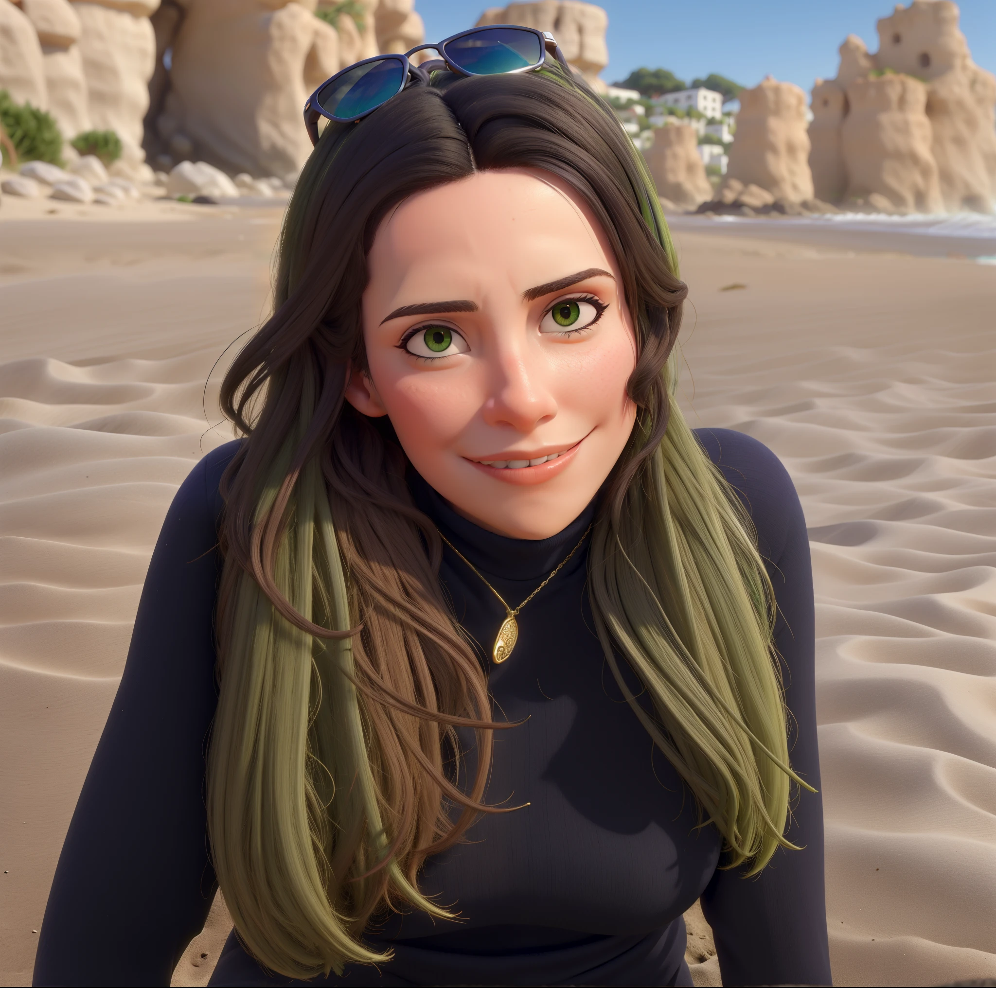 Loira, cabelo liso, olhos verdes, sentada na praia, sunglasses on head