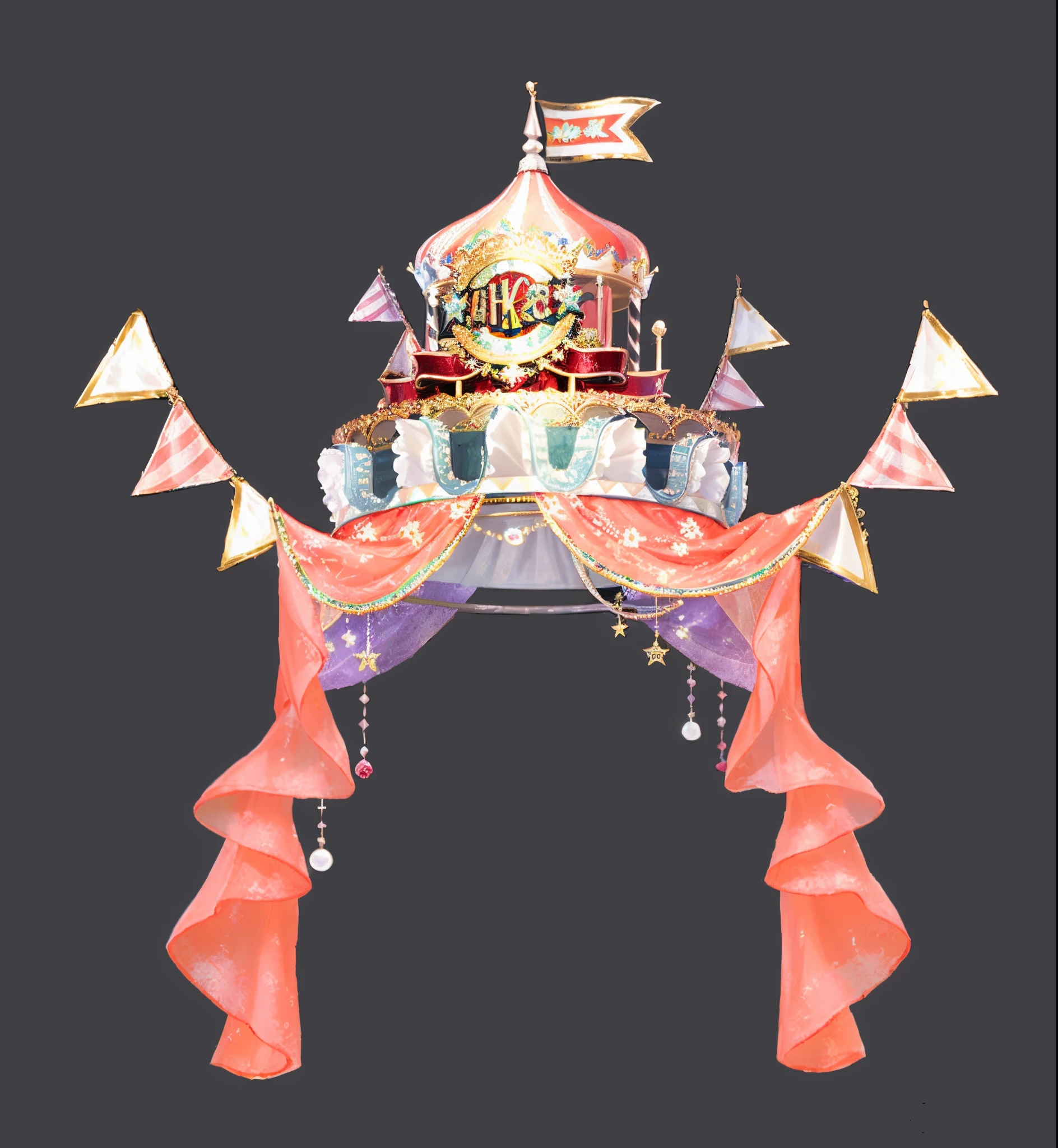 There was a cake，There&#39;s a carousel on it, lantern crown, colonnade ornate headdress, concept art magical highlight, Tentacle crown, Big top circus tent, hight decorated, crown made of fabric, celebration costume, Magic parade floats, jellyfish headdress, circus, cirque, !Dream concept art, Gorgeous crystal crown cover，red colour，golden colored，窗帘，curtain