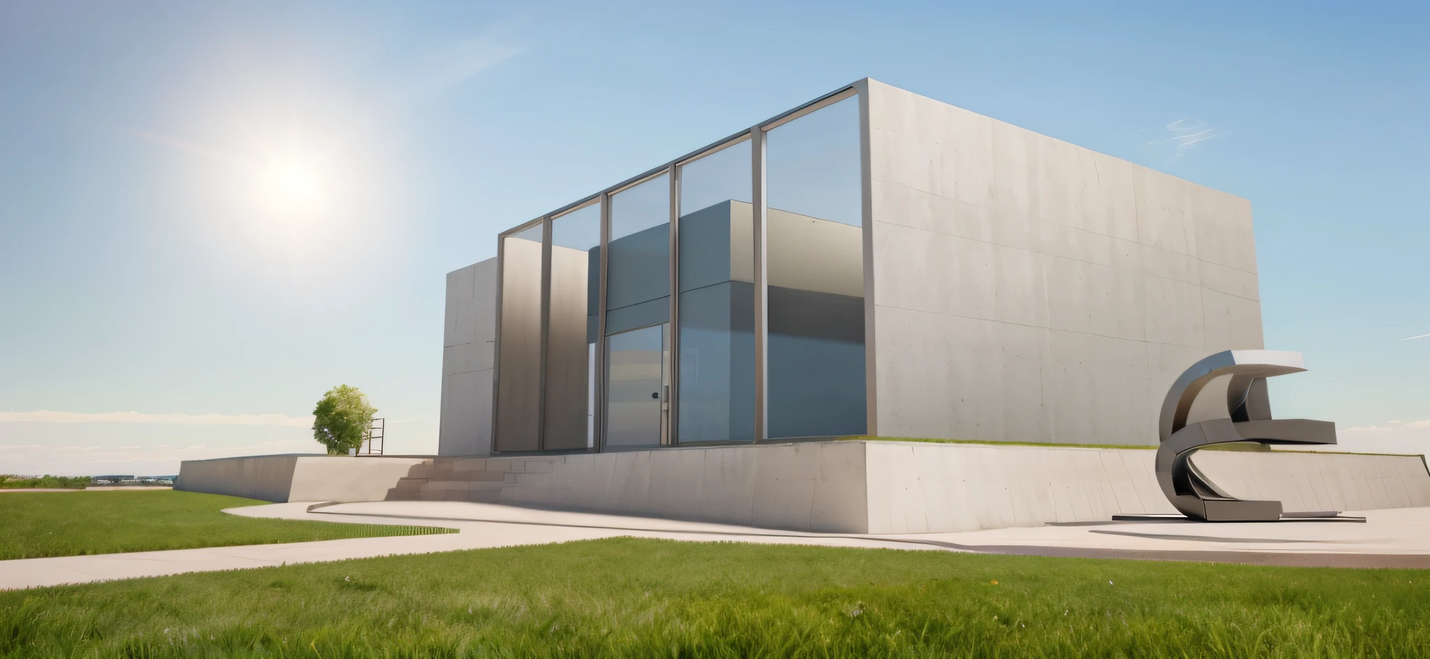 a rendering of a plaza in front of one office building,
stone pathway to building and from right to left,
one steel sculpture on the left and one steel sculpture on the right,
hilly grass between building and plaza,
((nice grass lawn)),
beautiful sky,
daylight, bright daylight,
two-point perspective, human perspective,
realistic, masterpiece, ultra-detailed, 4K, photographic rendering, commercial