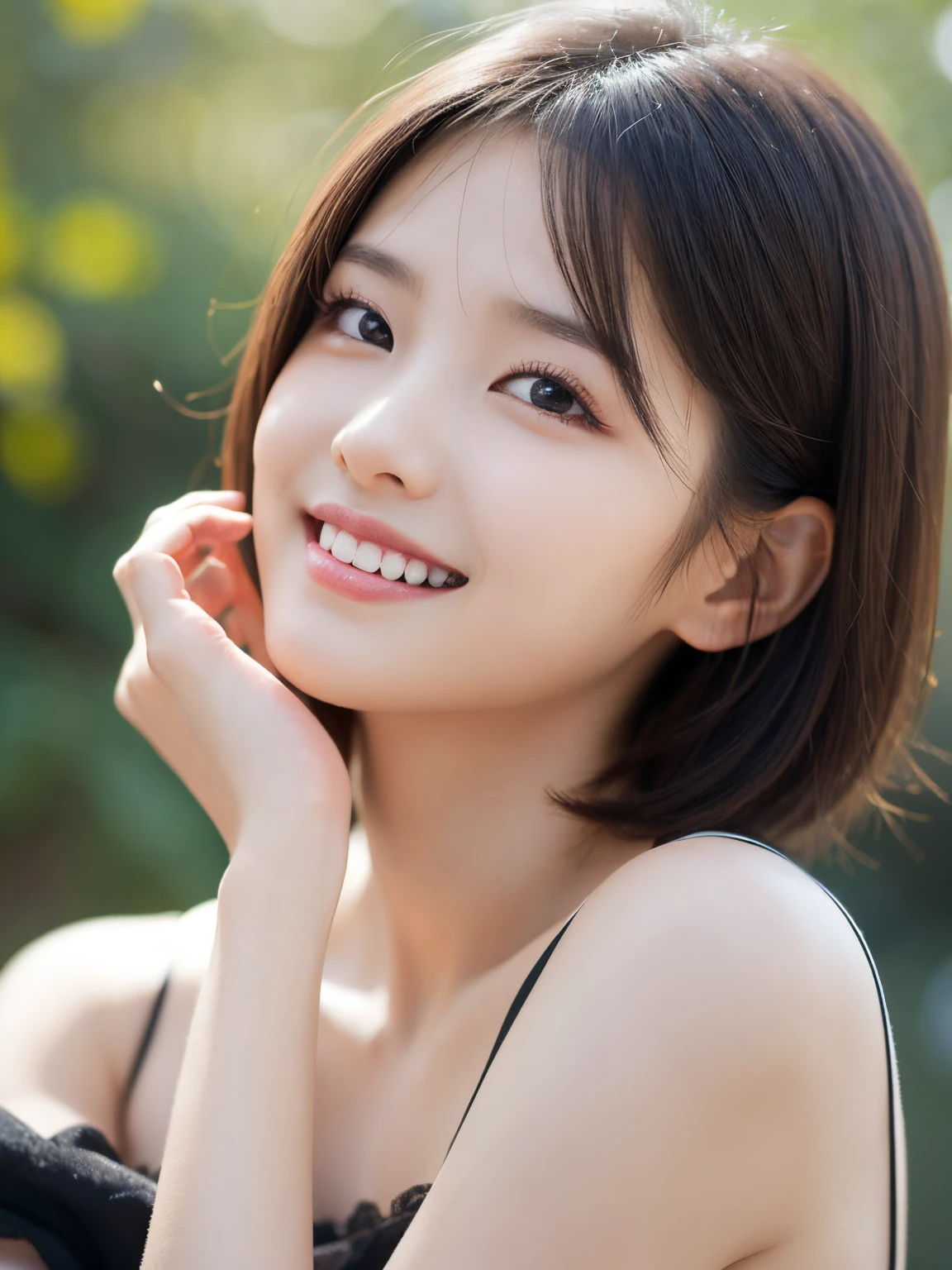 Young beautiful girl, short slice hair, elegant, too beautiful, pose from various angles, highly detailed deep colours  highly realistic, ruddy skin, beautiful, full lips, a minuscule amount of clothing, smiling, feeling of lightness and joy, hyperrealism, skin very elaborated, direct gaze, created by Chalit.