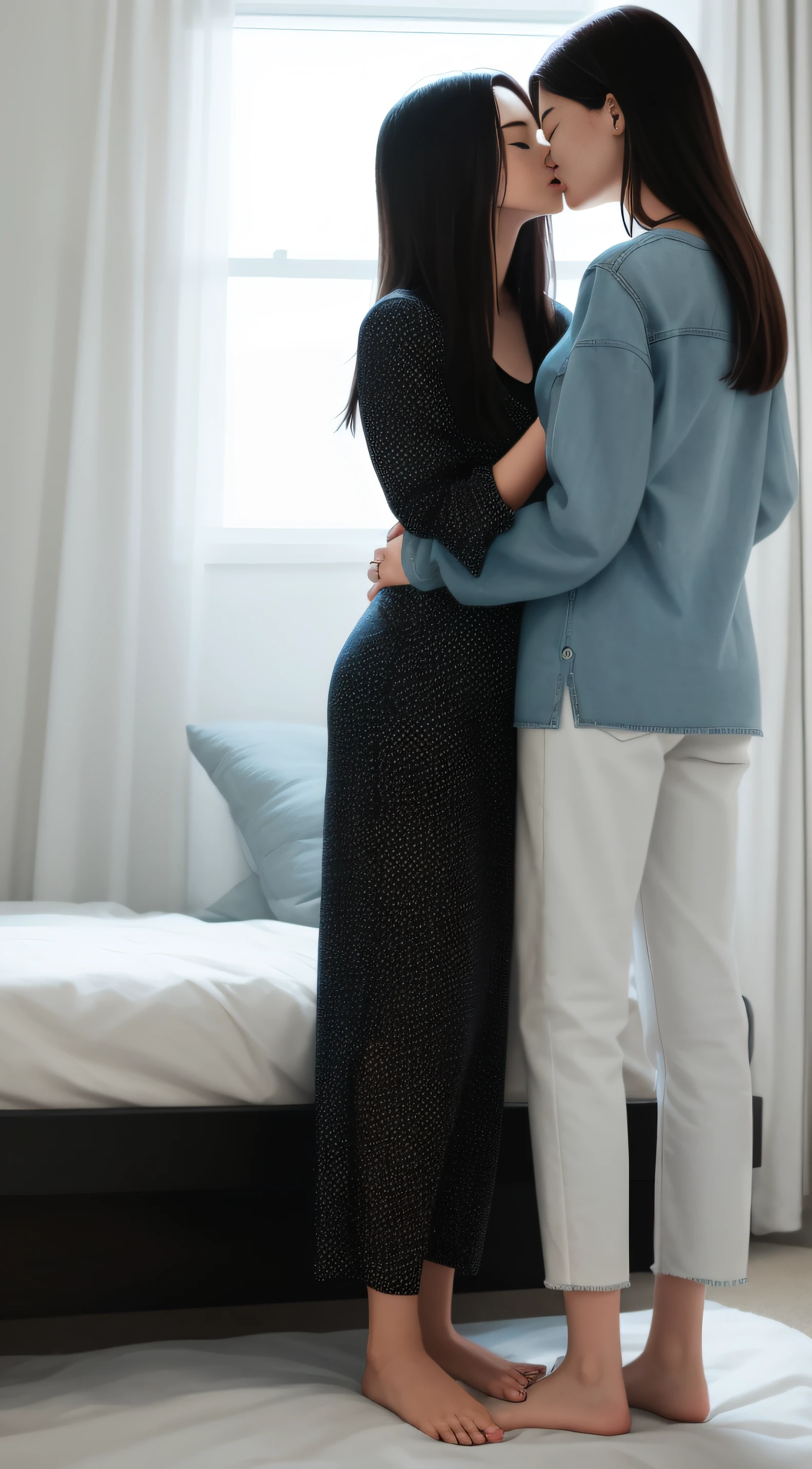 full body standing straight barefoot, long hair, holding hands on bed, kissing each other, sleeping together MOTHER AND DAUGHTERS alike Android 18