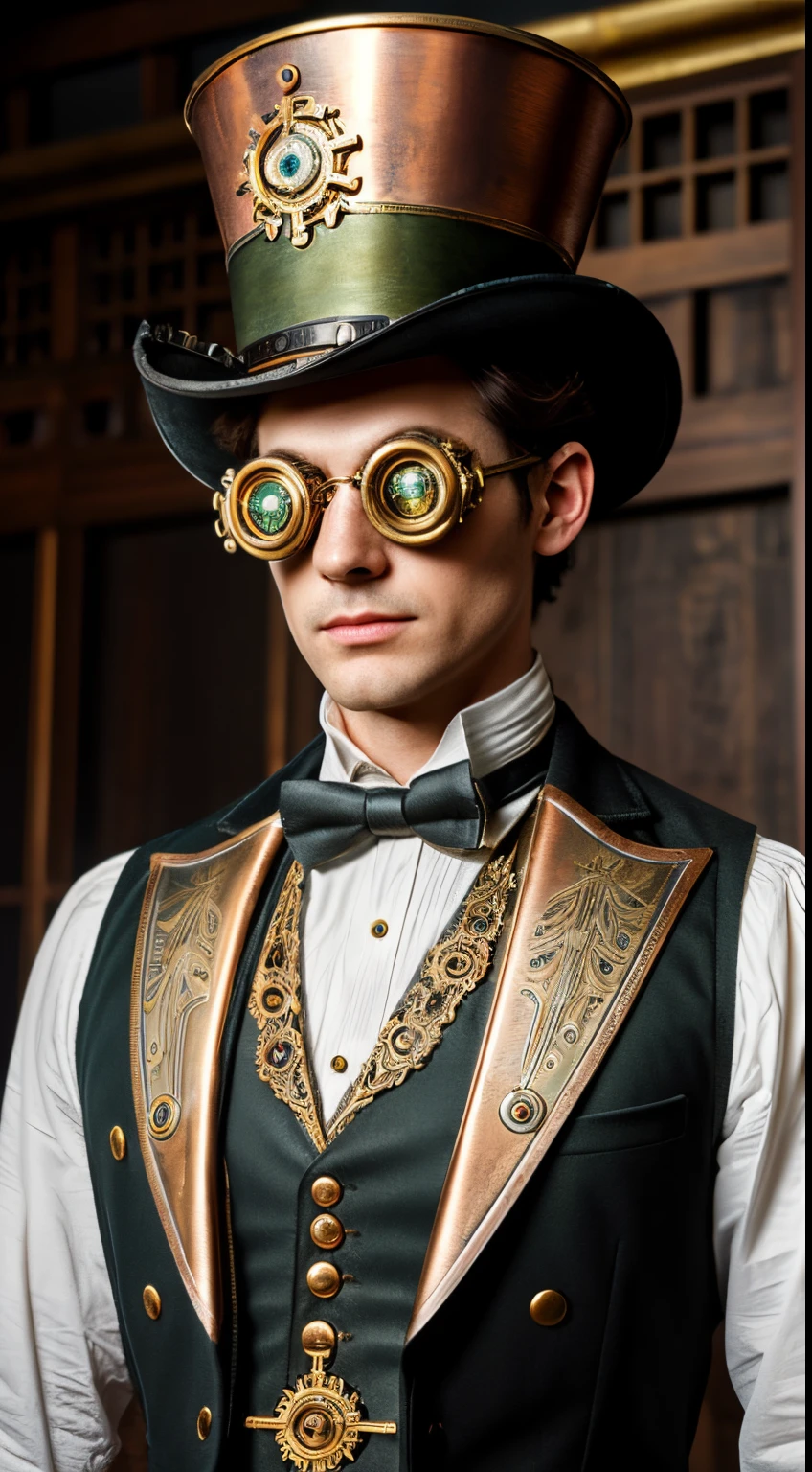 (best quality,4k,8k,highres,masterpiece:1.2),ultra-detailed,(realistic,photorealistic,photo-realistic:1.37),steampunk woman,mechanical gears,antique brass,ornate clockwork,feline clockwork companion,vintage goggles,victorian attire,mysterious atmosphere,mechanical tail,whiskers,mechanical paws,smoke from stack top hat,curious expression,beautifully crafted mechanism,copper accents,engraved patterns,textured fur,leather collar with a tiny key,charming companion,steam-powered,exquisite craftsmanship,steam-powered mechanical wings,airship backdrop,golden accents,magical aura,enchanted steampunk world,glowing green eyes,lit with subtle steam,gauges and dials,golden age of steam,industrial revolution aesthetic,otherworldly energy,mesmerizing glow,bronze colors,soft ambient lighting,uniquely whimsical demeanor,retro-futuristic,fantom moth companion,hovering gears,brass monocle,detailed embroidery on the vest,eloquent posture,mechanical top hat,smoke and steam-infused backdrop