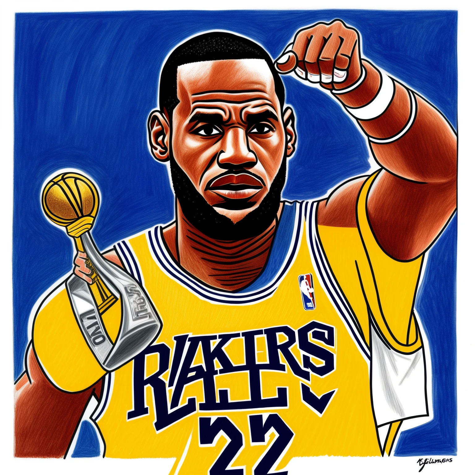 Carton drawing of Lebron James showing his hand with the five NBA rings