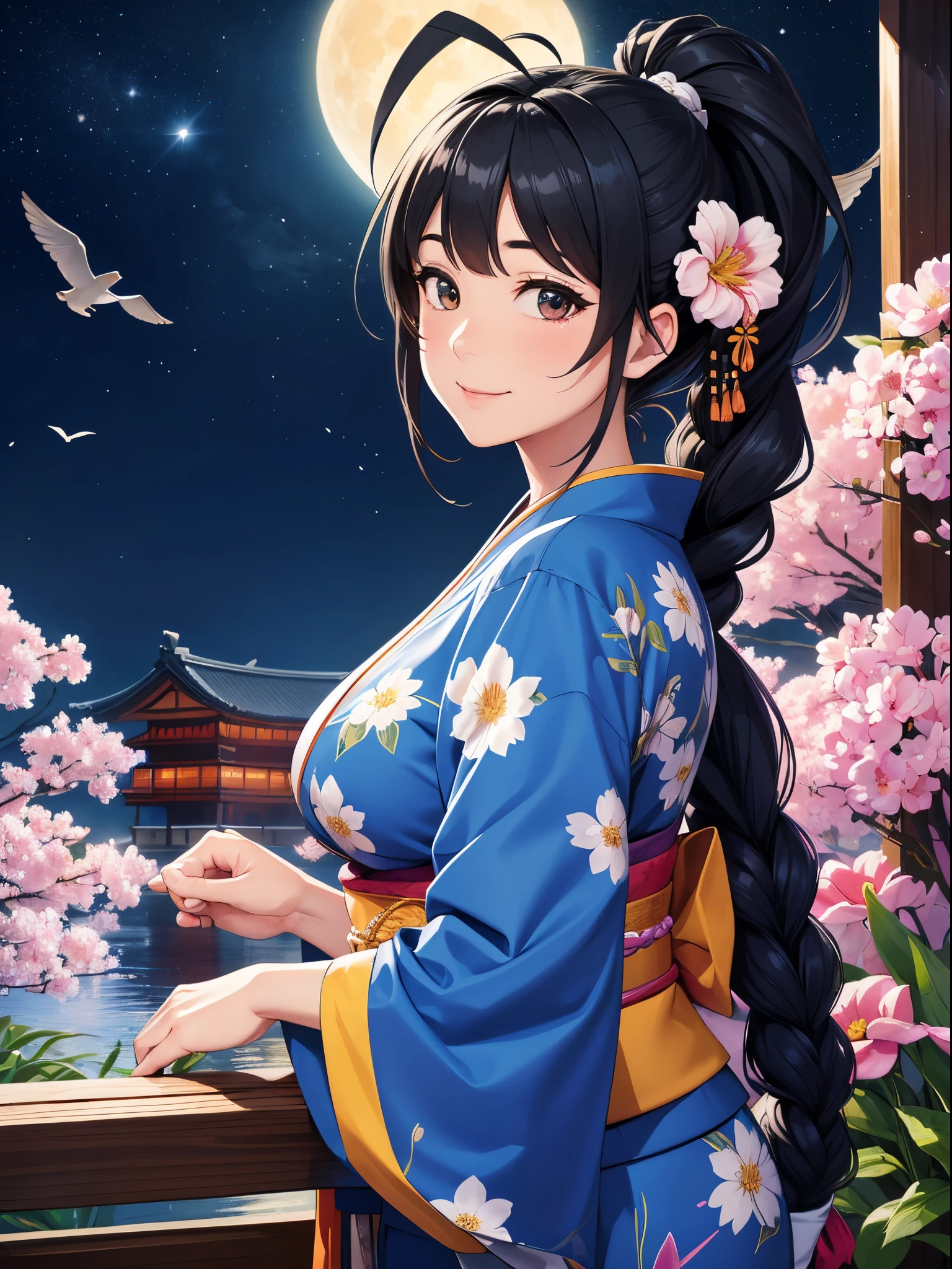 Best Quality, high_resolution, Distinct_image, Detailed background ,old sister, Japanese blue kimono,flower,garden,Moon, Night,Dutch Angle, Wide Shot, ,(huge bust:1.4),sweet sweet smile,Hi there'Greeting,Black hair,Big braid ponytail,Ahoge,Anyway, orientally beautiful、Please draw in detail,Colorful flowers in full bloom、Flowers, birds, wind and moon theme、