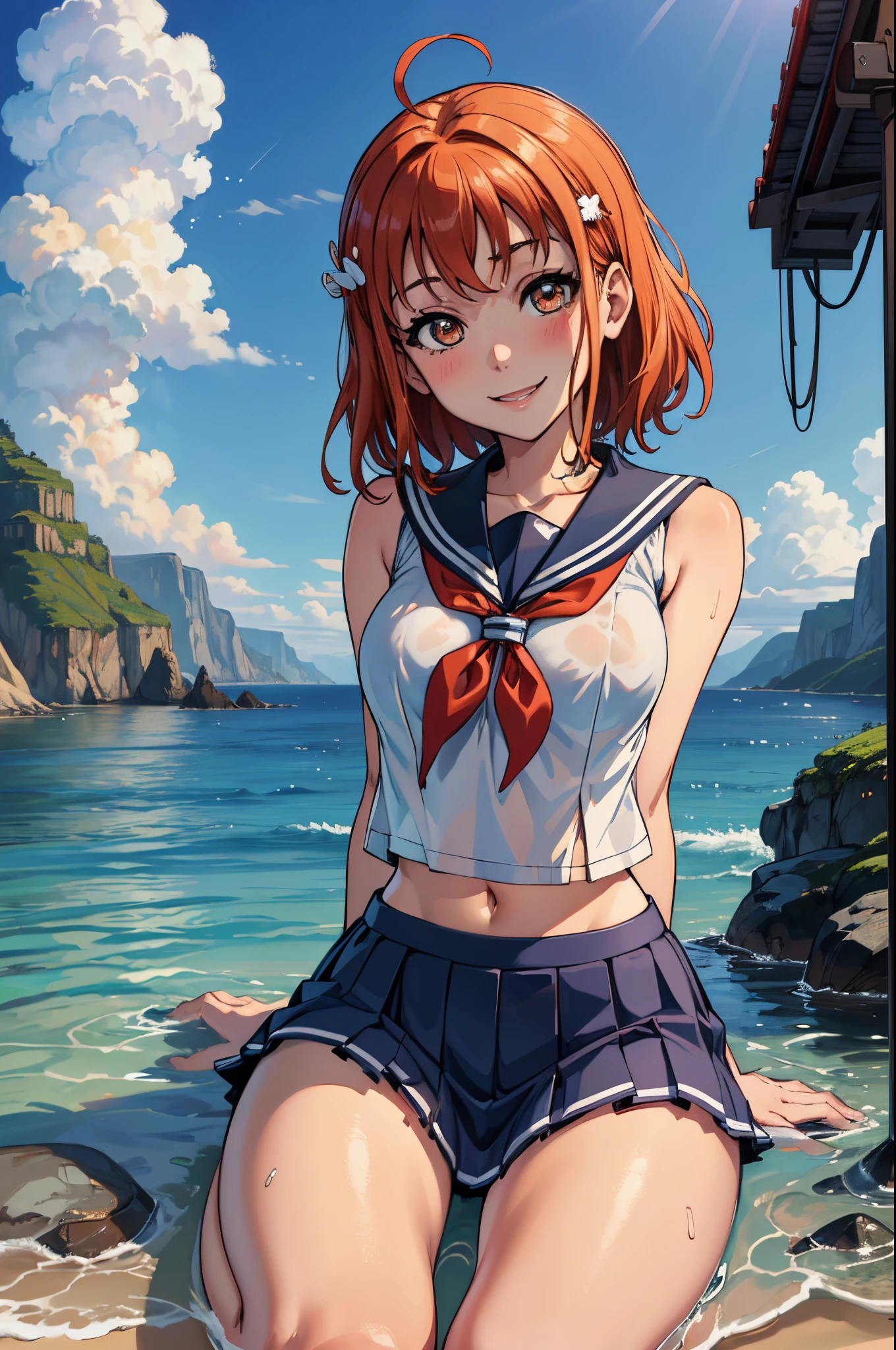 (best quality,4k,8k,highres,masterpiece:1.2), ultra-detailed, on knees, sitting,arms behind back,takami chika, sailor top, school skirt, midriff,  slightly excited and smile, sleeveless, thighs, cowboy shot, hair ornament, random pose,sea in background,wet clothes, (transparent disappearing clothes)