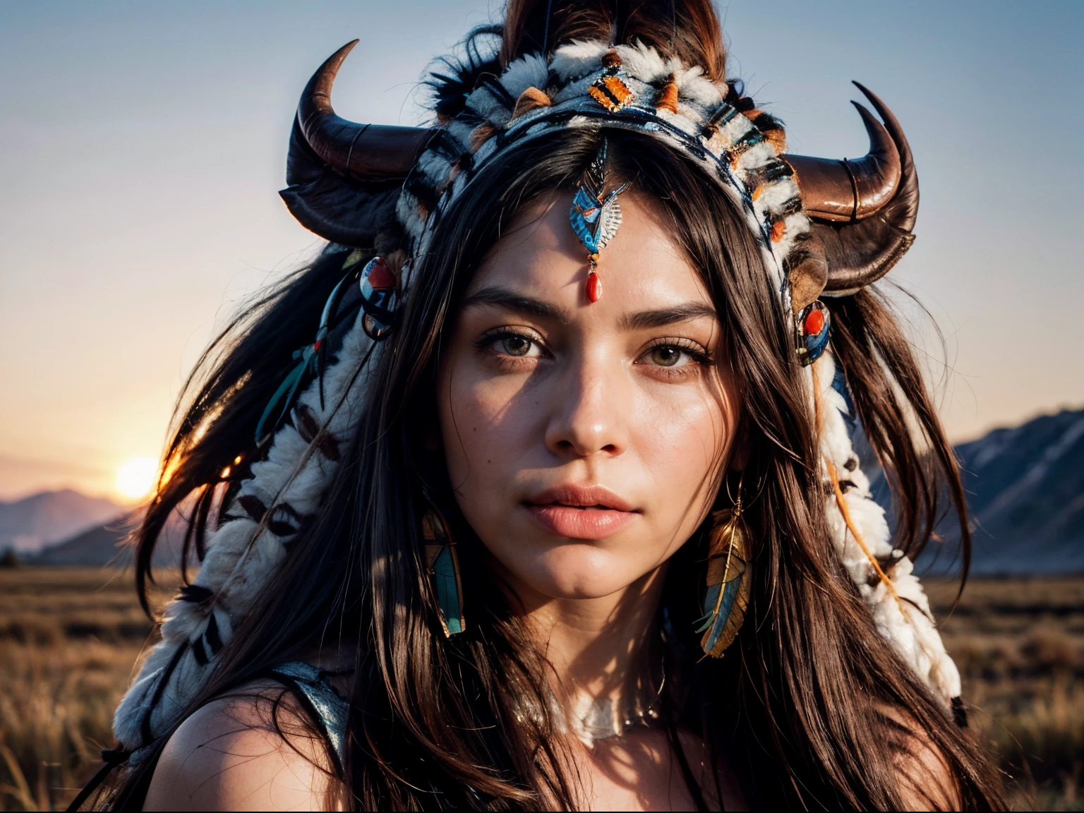 1 indigenous woman, she stands outside on breath-taking natural USA southwestern vista, she's wearing a large (buffalo headdress:1.7) , (headdress details: buffalo horns, hawk feathers, buffalo fur, extends down to her ankles:1.1), exterior gorgeous natural american Dakota landscape, indian reservation, she wears tshrt decordated with tribal designs, black jeans and her feet are ????), stunning beauty, badass native woman, confident, hawk feather in hand, horizon line, (the blue sky contrasts with her dark buffalo headress:1.1) , realistic photo, (45% of photo is black in drawing:1.4), (extraordinary feather detail:0.9),she is intensely looking camera, Edward s. curtis film, headdress is heavy, it's important, (early sunrise light:1.1), she's backlit, (Rembrandt lighting:0.9) ,(relaxed intimate photoshoot), beautiful face, (her hair is dark and long, beaded hair clips with feathers,), intense presence, (perfect posture:1.4), cozy relaxed, catching us, beautiful hands, kind eyes, gorgeous soft warm lighting:1.4,, incredible details, ((high contrast)), (deep, darkest shadows), (shadow details:1.0), ((taken using Leica camera, aperture: f/2.3)) , hyper-realistic skin, pores, scar, mole, (natural landscape details), healthy skin,, her arms relaxed,she's standing, relaxed moment, she's in dark with natural light glow, (romantic light:1.2), radiant skin, perfectly framed face, perfect relaxed hands, perfect fingers, (perfect portrait, incredible eyes:1.1), a work of art, beautiful composition, golden ratio, contrast, inspiring, (highest quality fabric texture), every detail,Fine facial features – (Highest Quality) ,Leica camera film, High quality ○○ detailed – ○○ details ultra detailed(Ultra-fine ), Photorealistic, Extremely detailed(Extremely detailed) , (highest detail image, lens flare, realistic)○○ res – ○○ resolution ultra high res(A high resolution),playful relaxed photos
