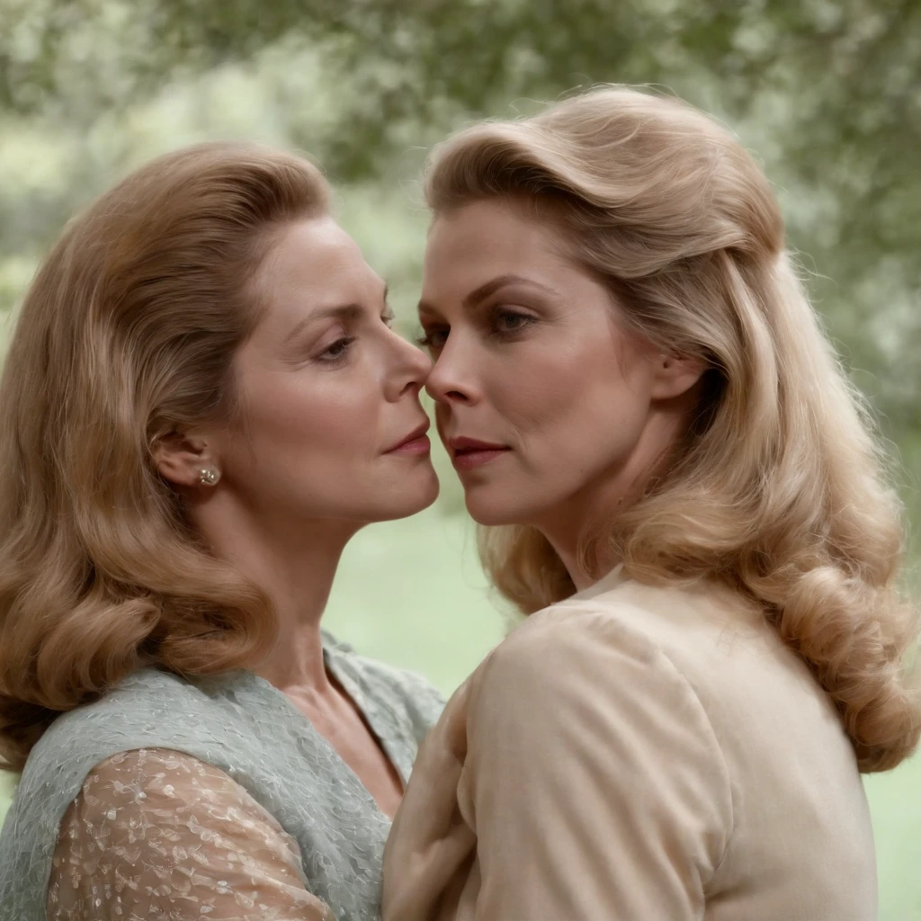 Elizabeth Montgomery as Samantha Stephen hugging and lesbian kissing with Elizabeth Montgomery Serena, full body