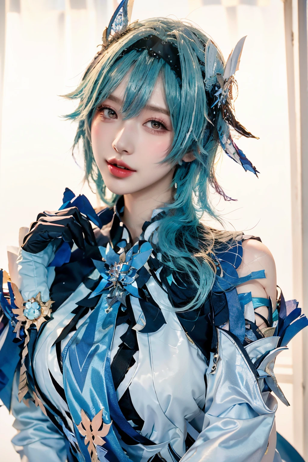 Beauty of a goddess, slim face, beautiful woman, 1girl, solo, (masterpiece:1.2), best quality, eula, genshin, high detailed, 8K resolution, looking at viewers, eula from genshin impact, indoor, hairband, blue hair, necktie, cape, ((( vision \(genshin impact\) ))), long sleeves, gloves, sidelocks, (smiling), slender figure, ((wide beautiful eyes)), (((a close up portrait, head to bust))), ((dynamic angle))