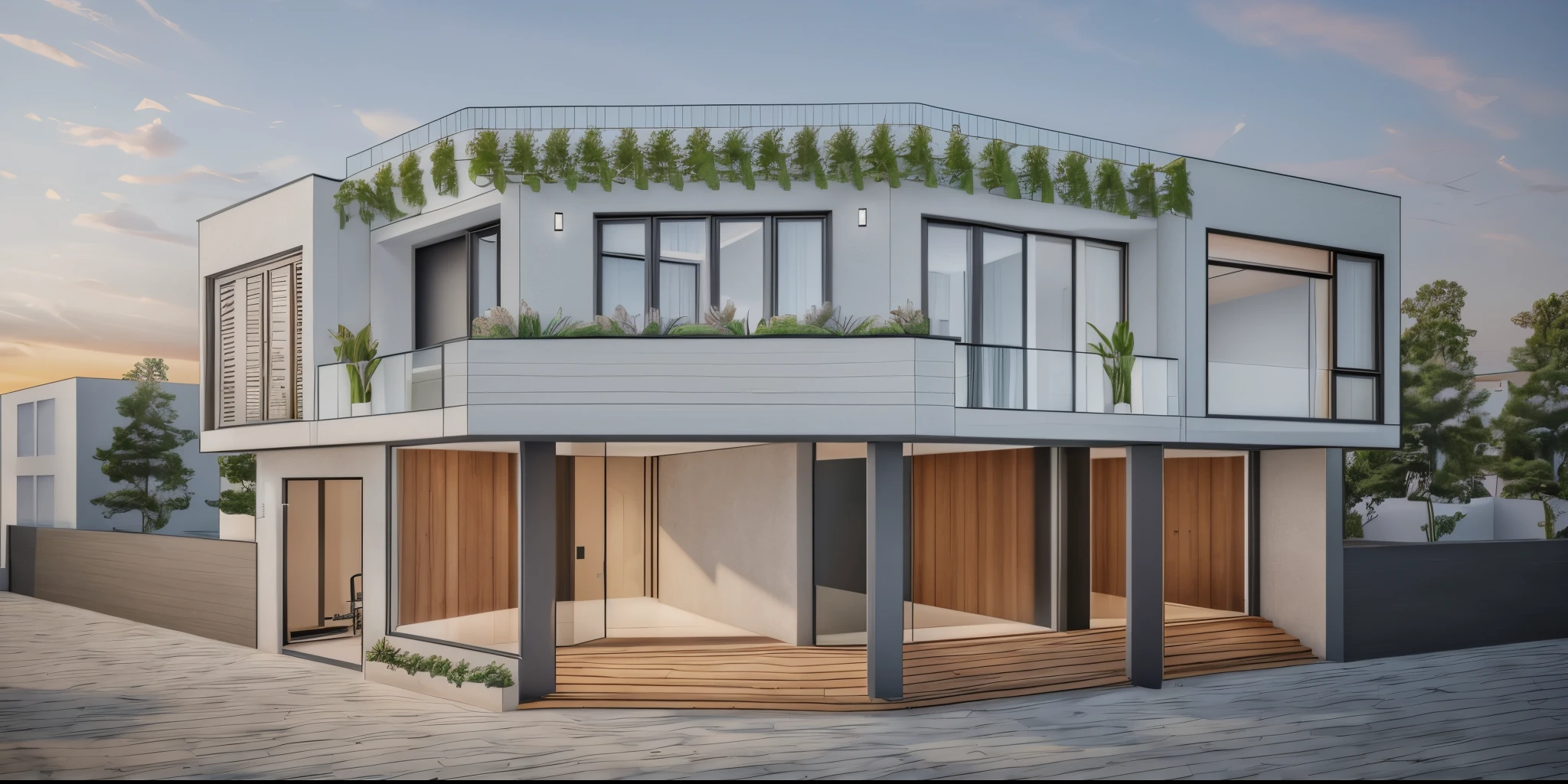 a rendering of a modern house with a balcony and a balcony, exterior design, rendered, detailed rendering, pre-rendered, front elevation view, elevation view, frontview, architectural rendering, front-view, detail render, mid-view, conceptual rendering, 3 d rendering, 3d rendering, digital rendering, a digital rendering, modern lush condo as shopfront