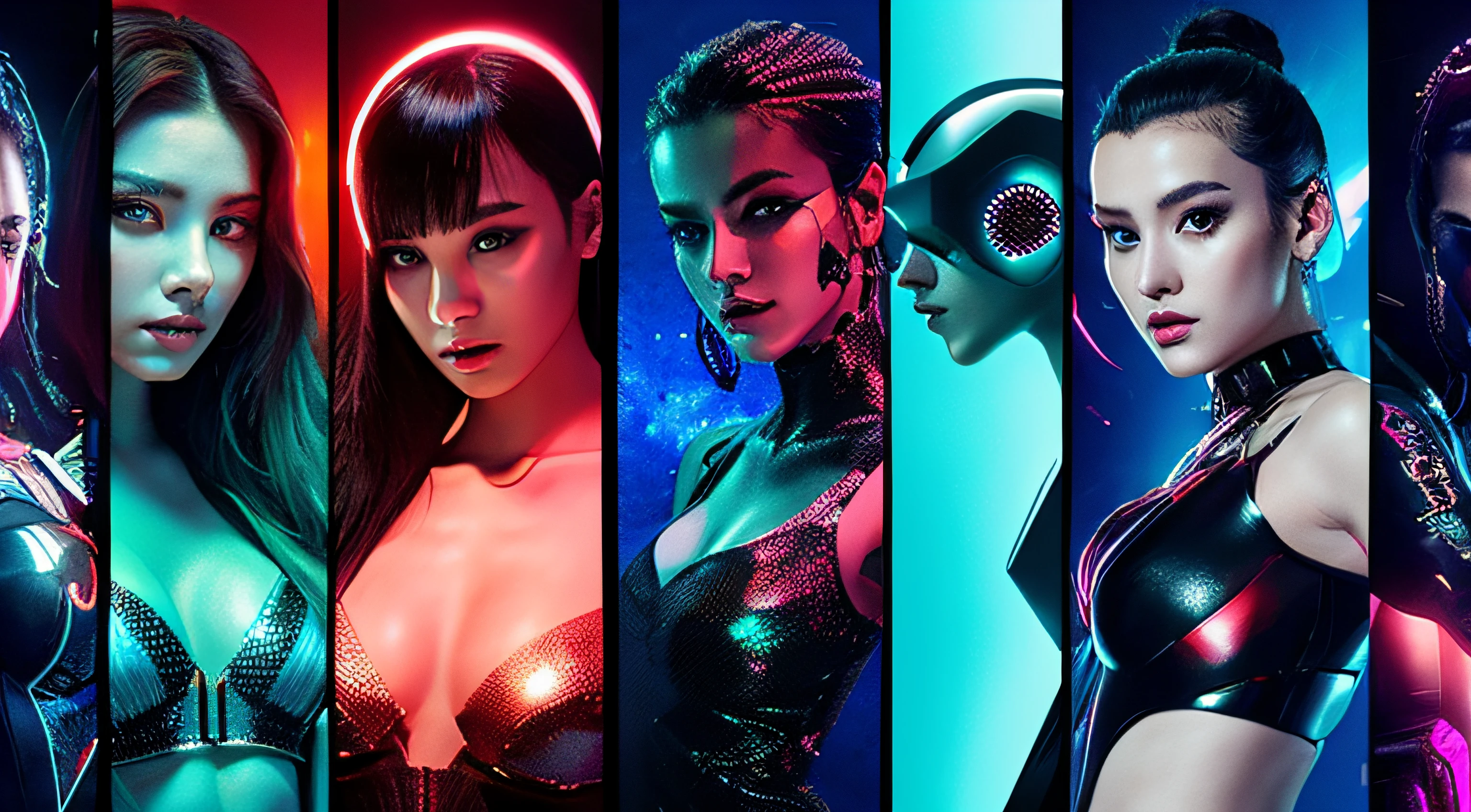 a poster,Cyberpunk style background,6 Artificial Intelligence Beauties in Avant-garde Dresses,glowing light eyes,The crystal texture of skin somewhere。