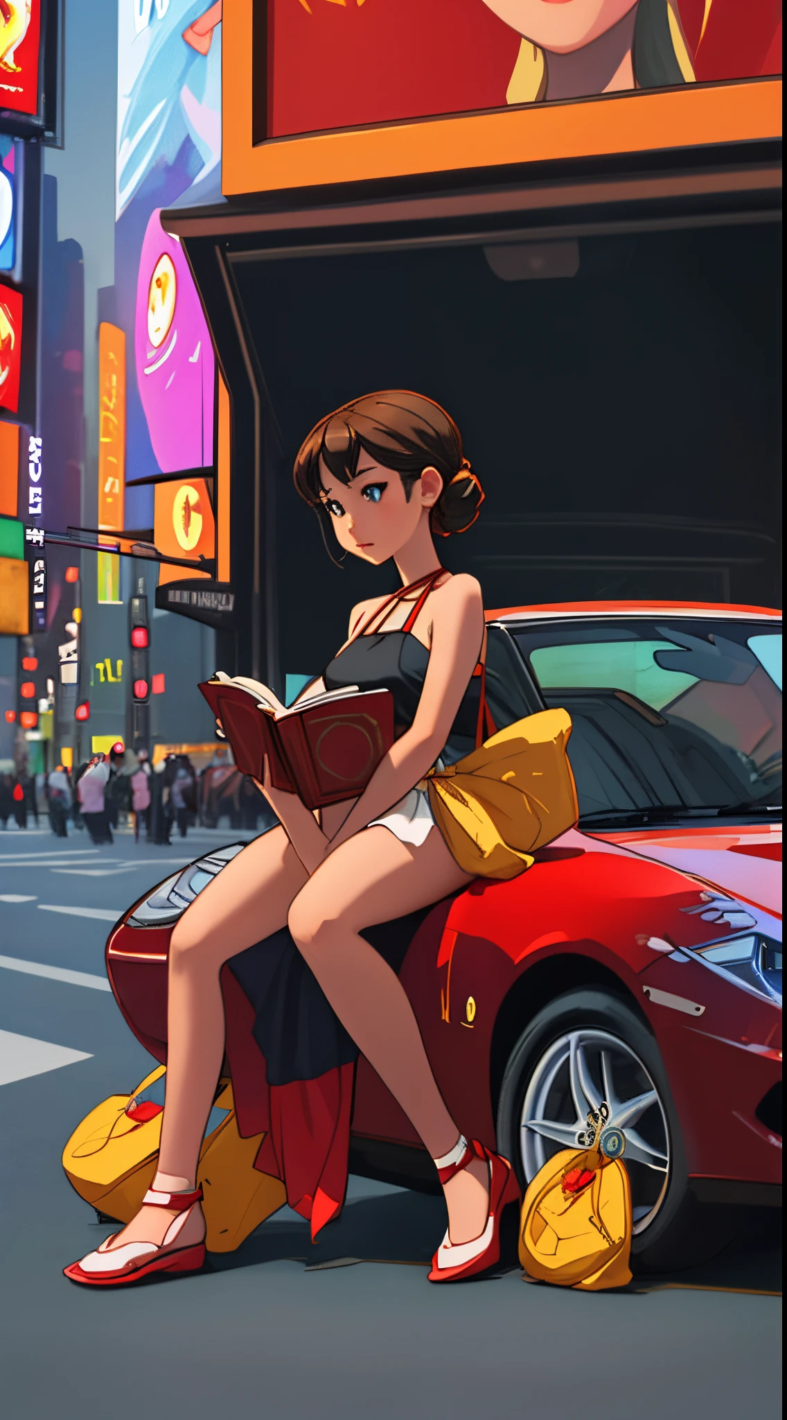 indonesian girl wearing halter top dress, reading book sitting on Ferrari car in Times square road , full body photo