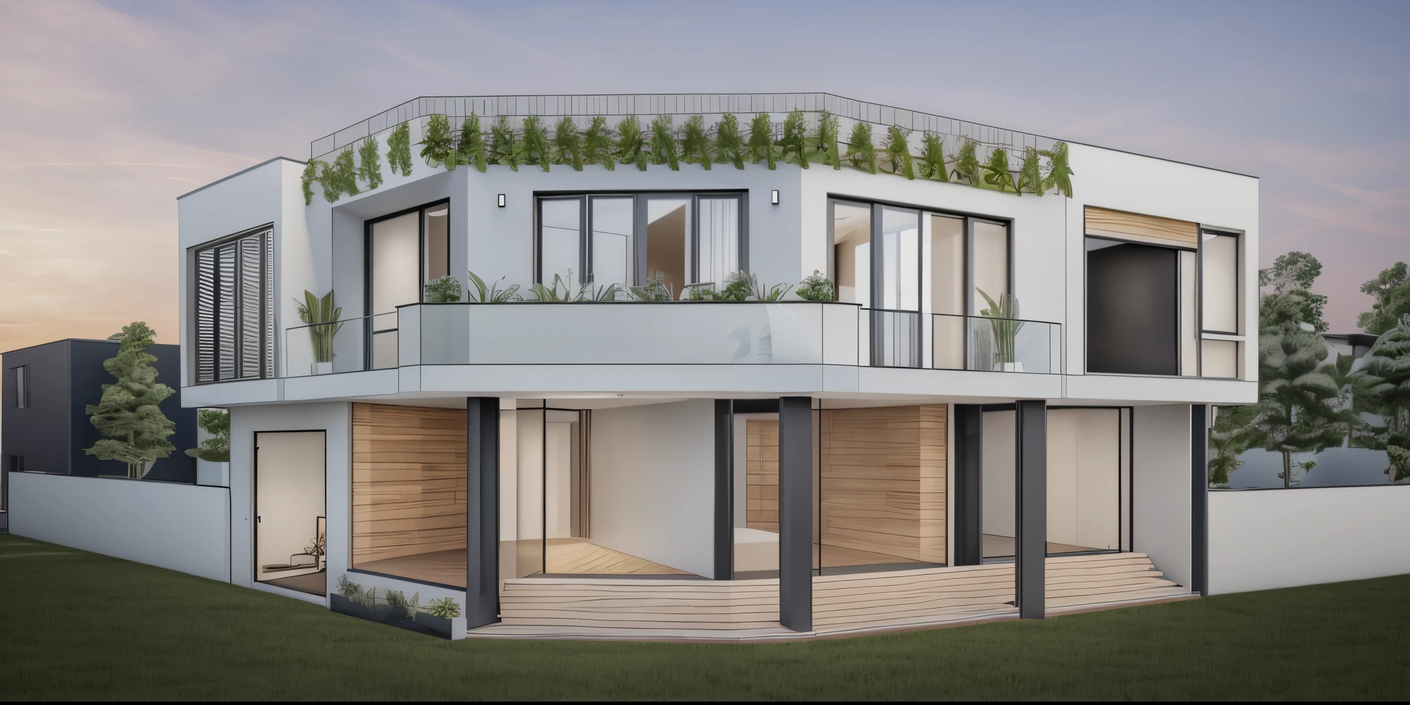 a rendering of a modern house with a balcony and a balcony, exterior design, rendered, detailed rendering, pre-rendered, front elevation view, elevation view, frontview, architectural rendering, front-view, detail render, mid-view, conceptual rendering, 3 d rendering, 3d rendering, digital rendering, a digital rendering, modern lush condo as shopfront