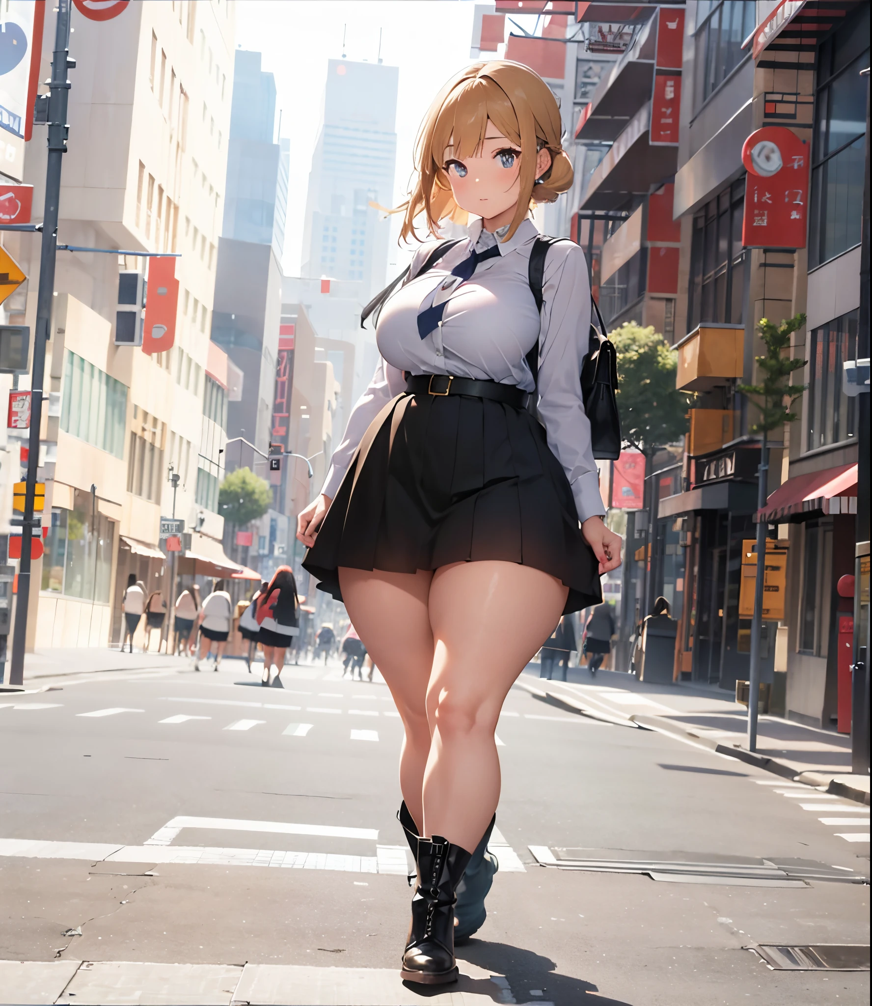 araffe woman in a skirt and boots crossing a street, thicc, large thighs, massive legs towering over you, thick thighs, thick legs, at a city street, in the city, posing in an urban street, in city street, beautiful thick female, standing in a city street, pawg, fat woman, big booty, thick body