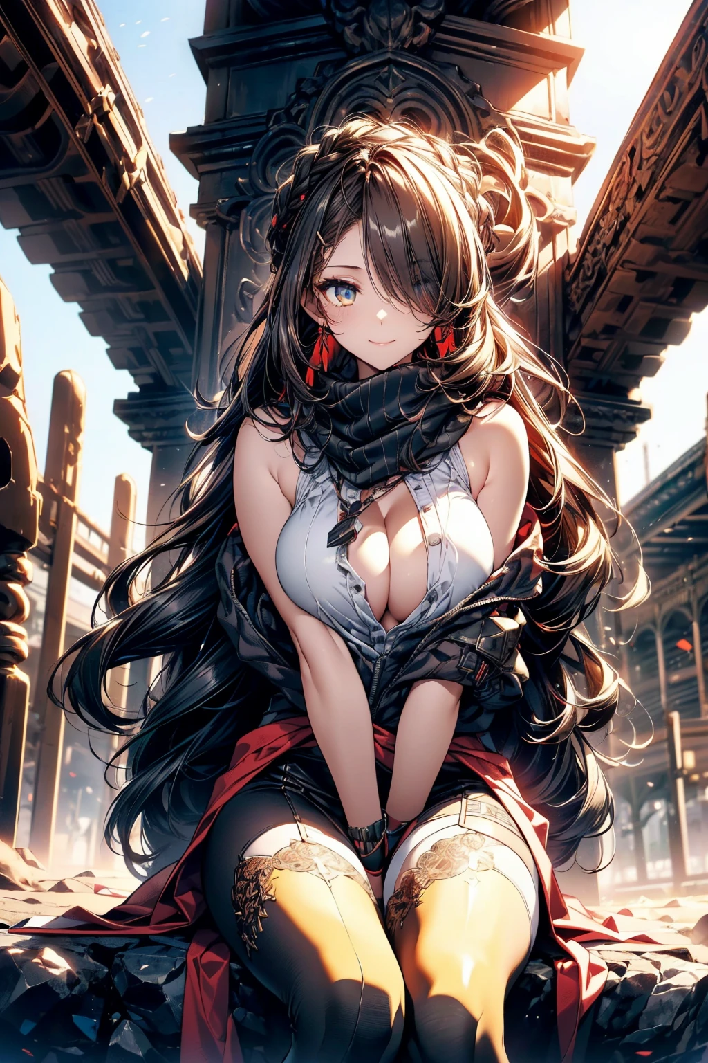 a matured woman with long black hair and a white outfit, (at a rock place in a desert:1.5), (resting in Stone circles under starly sky:1.2, holding large harp:1.3, sitting Indian-styles:1.1, with spreading legs:1.5, opening legs:1.2, with cross-legged:1.3, with lifting arms, in front of Arabic ruins:1.2), Arabic, (Post apocalyptic:0.2), from arknights, artwork in the style of guweiz, bodyesbian, fine details. girls frontline, beautiful anime illustration, from girls frontline, by Yang J, stunning, 26 years old, (milf:1.3), (solo:1.5), (sfw:1.25), sagging breast, fuge breasts, big tits, thin waist, big ass:1.2, Raised sexy, (dark mahogany medium short hair, updo, hair over one eye, asymmetric hair, Carly hair, low tied braids),(musulman, white Headscarfs, hair bands, head vandage, Turban), (ultra high resolution, 8K RAW photo, photo realistics, thin outline:1.3, clear focus), best qualtiy, natural lighting, textile shading, blurry back ground, field depth, bokeh, (Bright pupils, fine detailed beautiful eyes with highlight:1.3, high detailed face), Red lip, fine realistic skins:1.1, looking down viewers:1.3, (dynamic angle:1.2, front view:1.2, breast focus:1.3, from below:1.2), dynamic posing, (sexy posing:1.2, leaning forward), (seductive smiling:1.3), centered image, (wearing white long jacket and clothes, wearing white robes:1.3, ((bare breast:1.37)), platinum ornaments, rolling white clothes around waist, camel-brown long leather boots:1.3, translucent lace pantyhose), ((correct anatomy:1.5)), ((outdoor:1.2, in a night:1.3)),